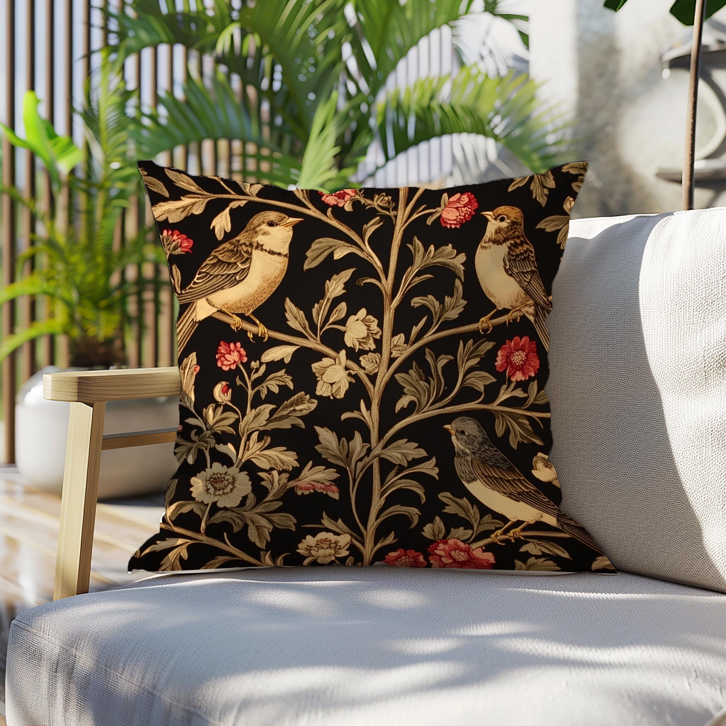 Vintage Love Birds Throw Pillow, Botanical Floral Bird Cushion, Dark Romantic Nature Decor, Enchanted Garden Accent Pillow