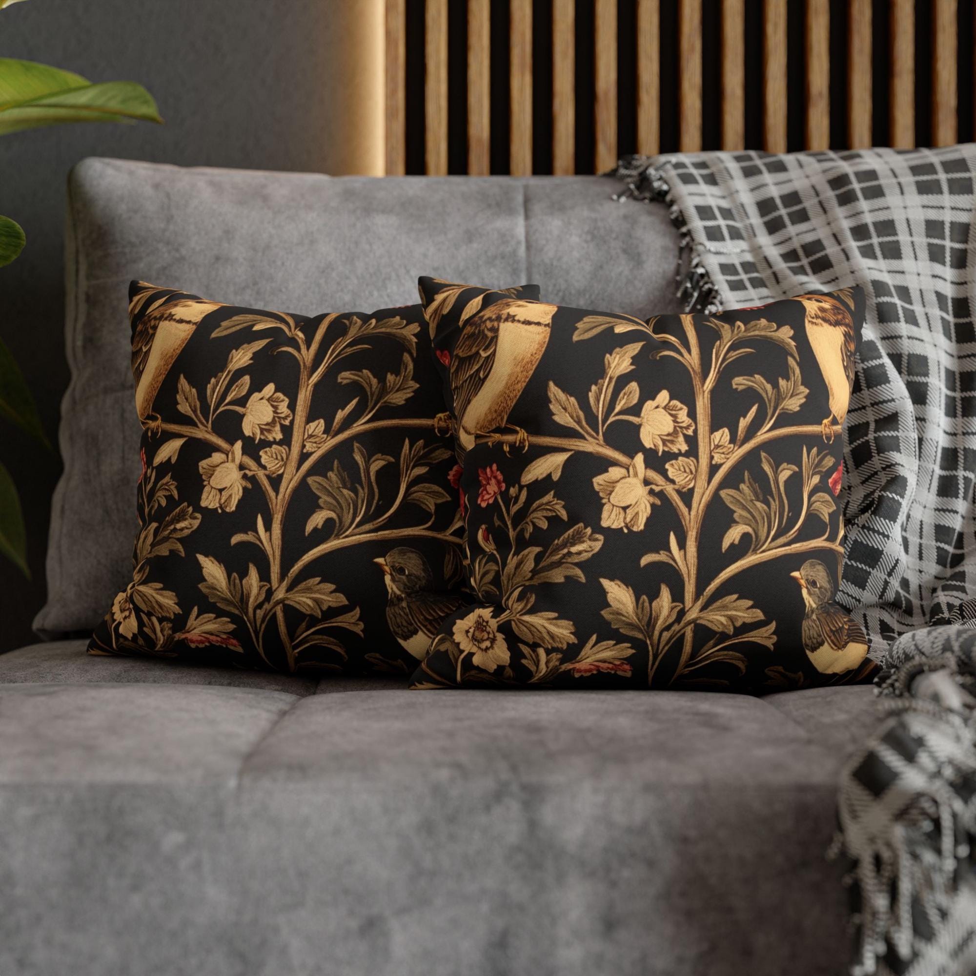 Vintage Love Birds Throw Pillow, Botanical Floral Bird Cushion, Dark Romantic Nature Decor, Enchanted Garden Accent Pillow
