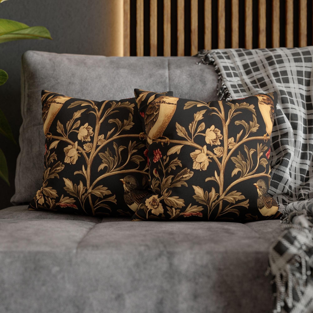 Vintage Love Birds Throw Pillow, Botanical Floral Bird Cushion, Dark Romantic Nature Decor, Enchanted Garden Accent Pillow