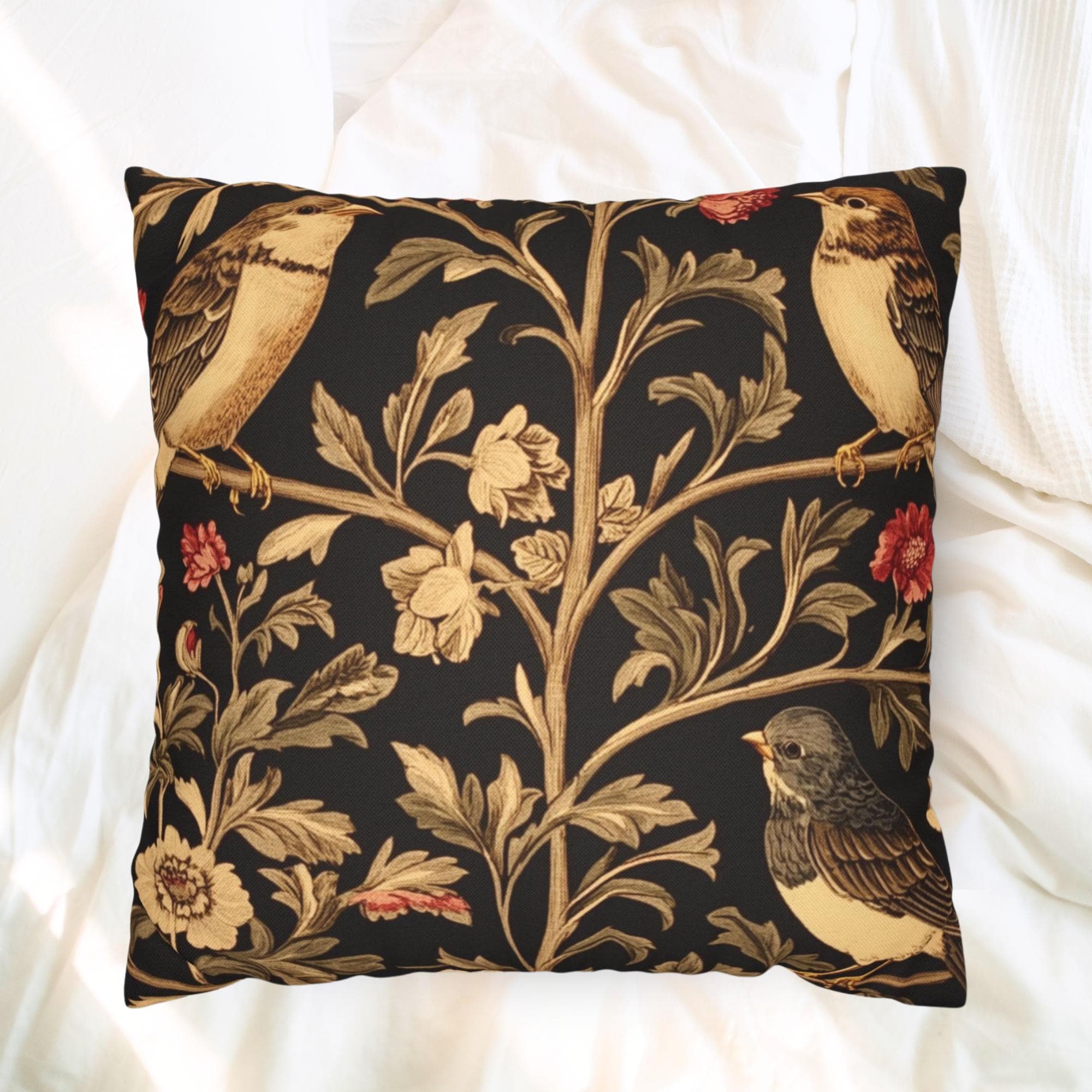 Vintage Love Birds Throw Pillow, Botanical Floral Bird Cushion, Dark Romantic Nature Decor, Enchanted Garden Accent Pillow