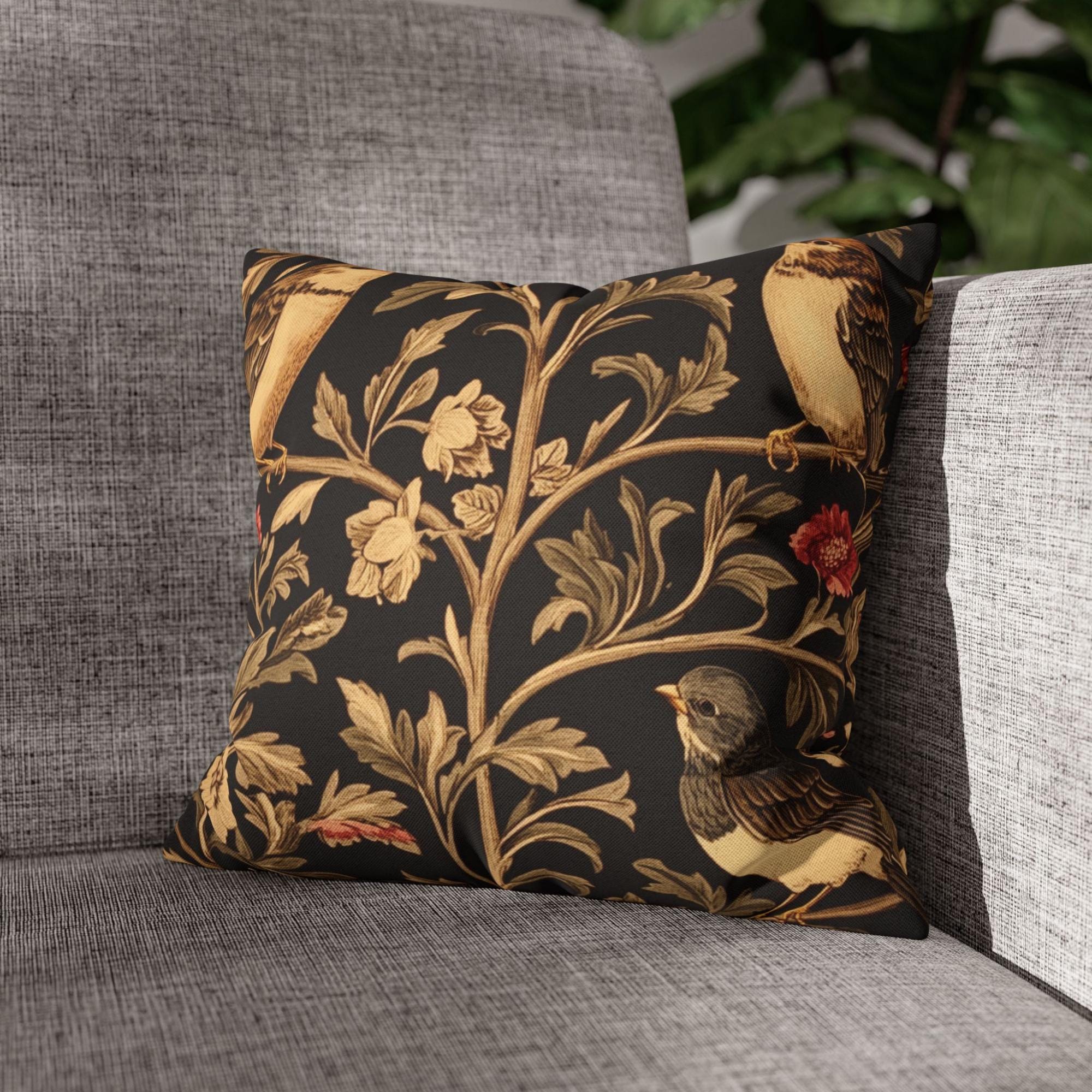 Vintage Love Birds Throw Pillow, Botanical Floral Bird Cushion, Dark Romantic Nature Decor, Enchanted Garden Accent Pillow