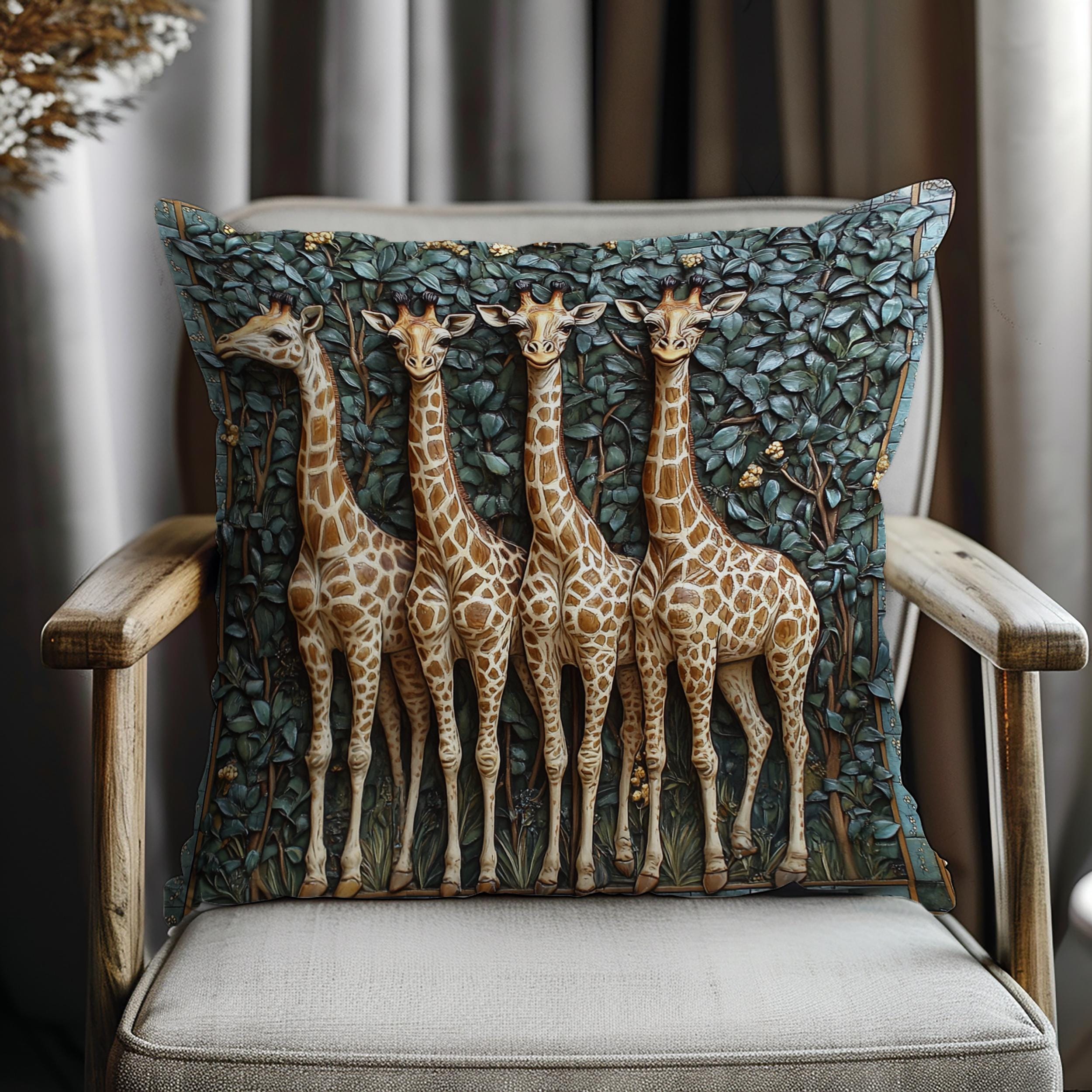 Whimsical Giraffe Family Throw Pillow, Vintage Safari Animal Cushion, Botanical Wildlife Nature Decor, Storybook Accent Pillow