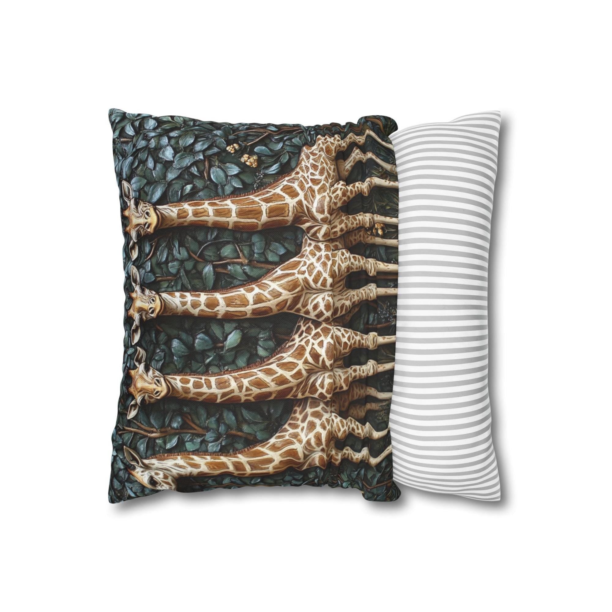 Whimsical Giraffe Family Throw Pillow, Vintage Safari Animal Cushion, Botanical Wildlife Nature Decor, Storybook Accent Pillow