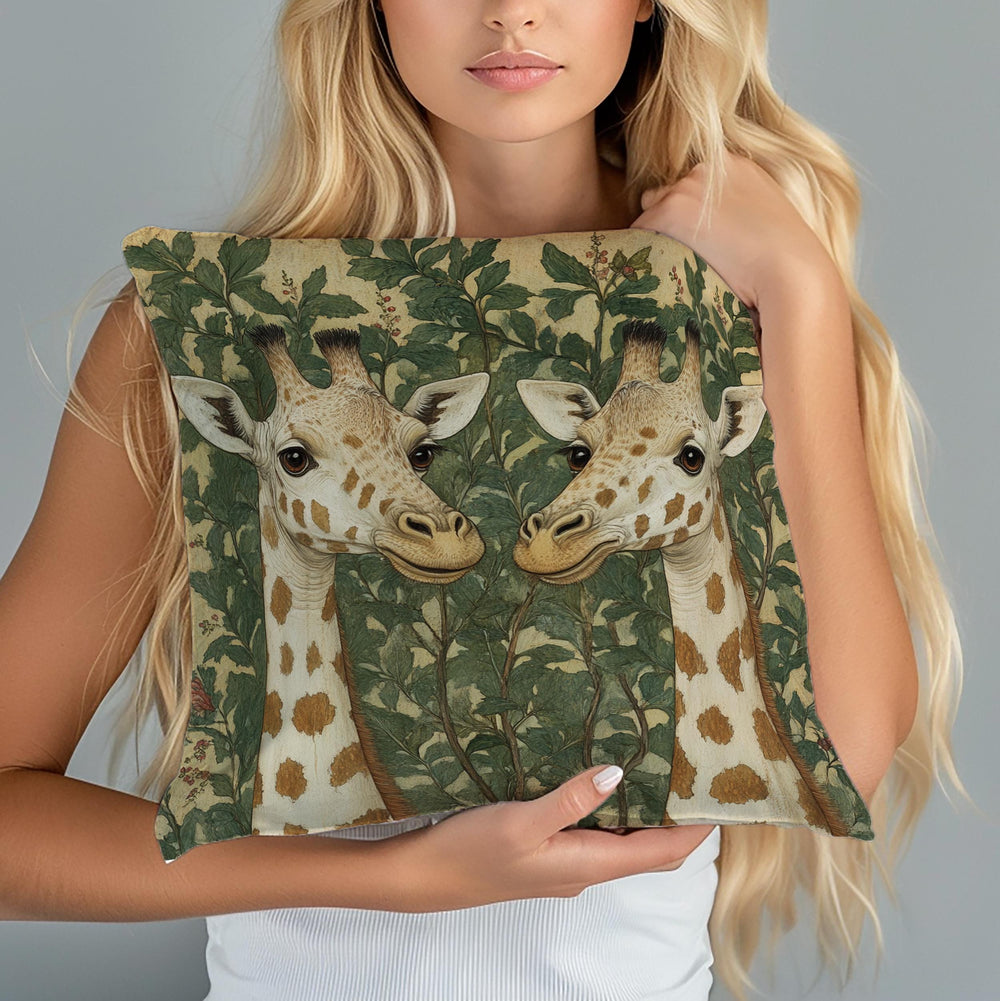 Gentle Giraffe Pair Throw Pillow, Vintage Botanical Wildlife Cushion, Neutral Nature Decor, Storybook Garden Accent Pillow