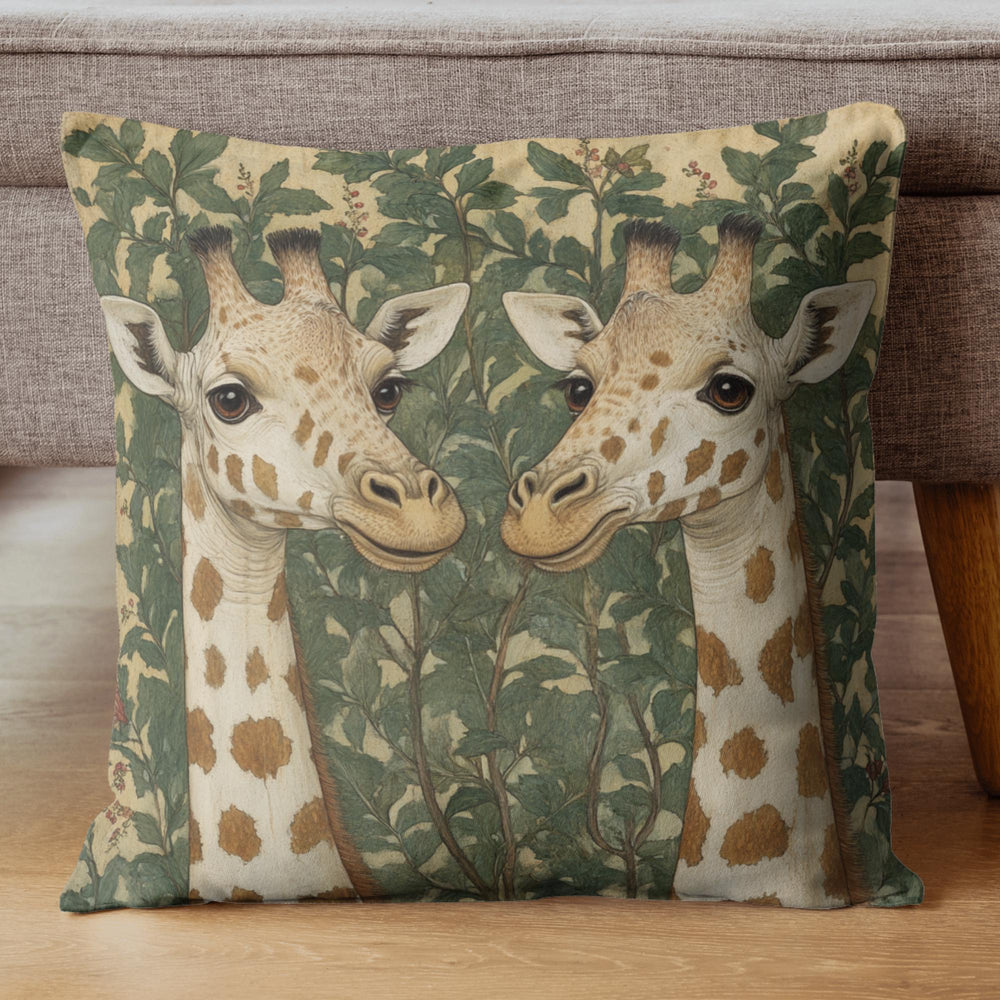 Gentle Giraffe Pair Throw Pillow, Vintage Botanical Wildlife Cushion, Neutral Nature Decor, Storybook Garden Accent Pillow