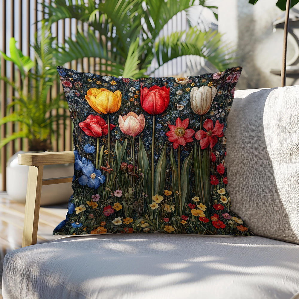 Colorful Spring Tulip Throw Pillow, Vintage Wildflower Garden Cushion, Bright Botanical Decor, Floral Meadow Accent Pillow