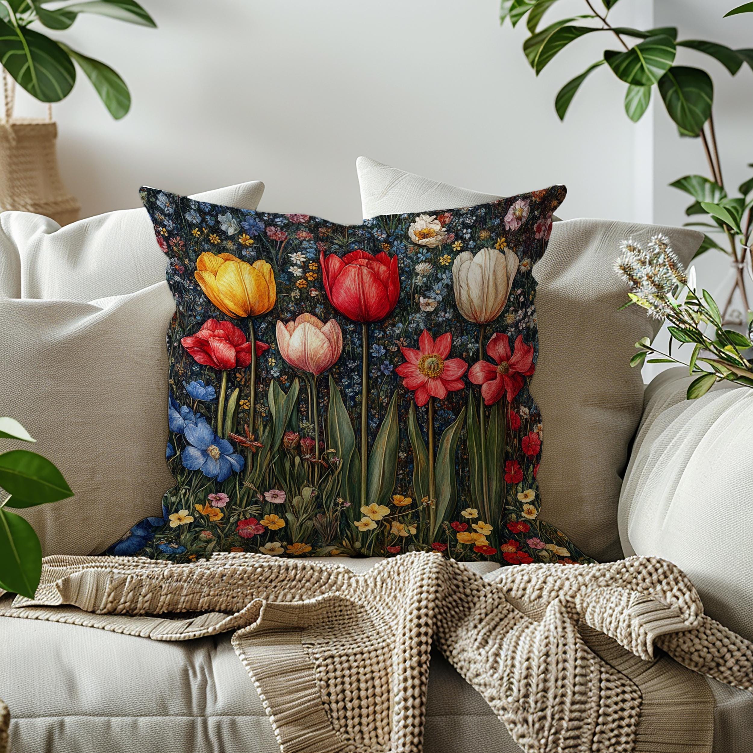 Colorful Spring Tulip Throw Pillow, Vintage Wildflower Garden Cushion, Bright Botanical Decor, Floral Meadow Accent Pillow
