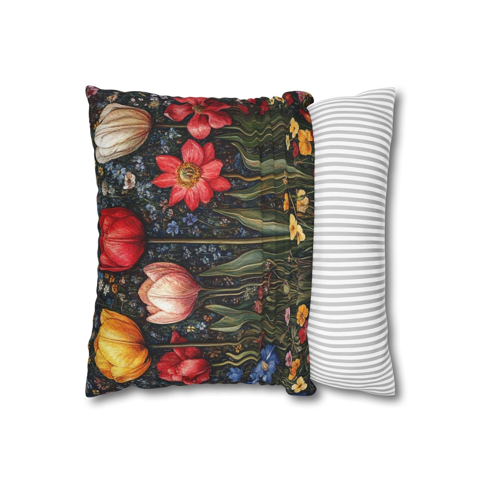 Colorful Spring Tulip Throw Pillow, Vintage Wildflower Garden Cushion, Bright Botanical Decor, Floral Meadow Accent Pillow