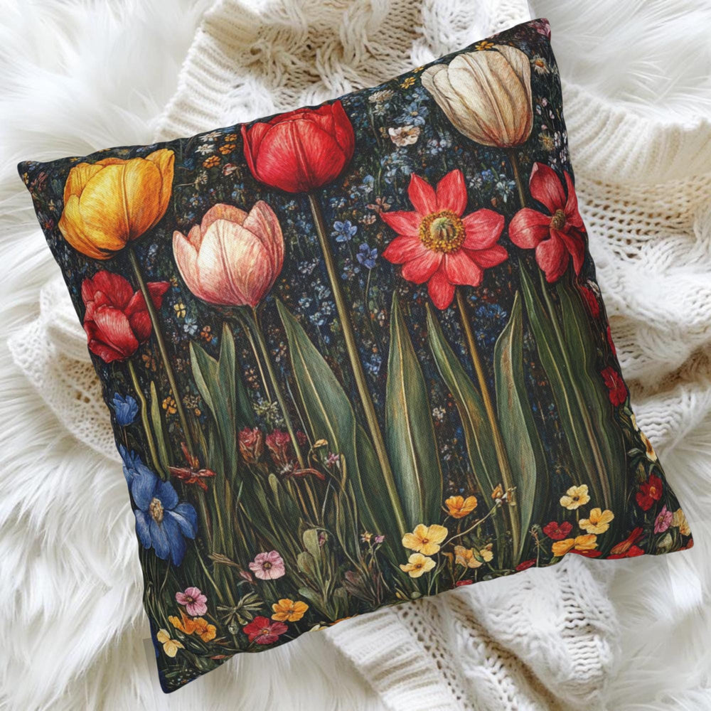 Colorful Spring Tulip Throw Pillow, Vintage Wildflower Garden Cushion, Bright Botanical Decor, Floral Meadow Accent Pillow