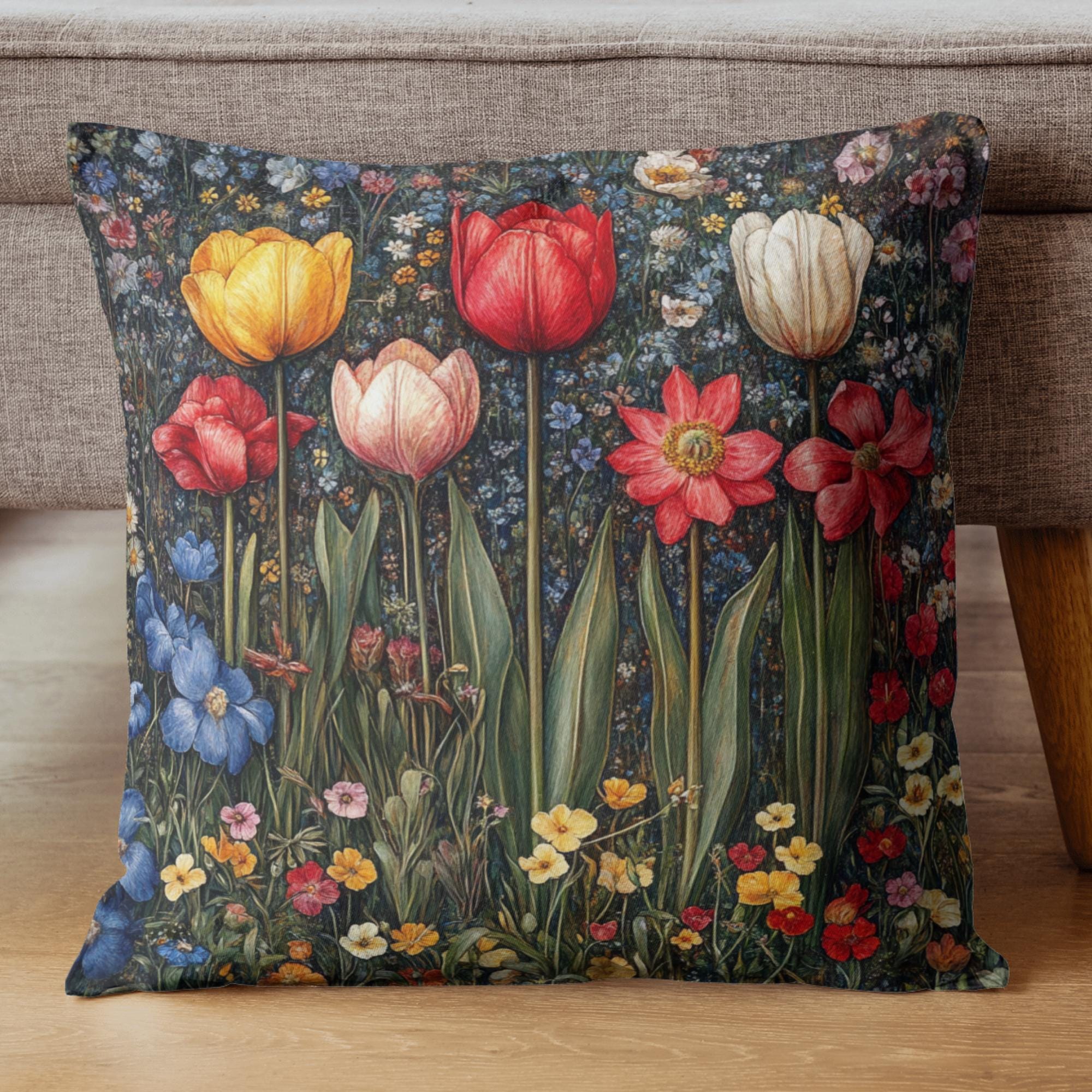 Colorful Spring Tulip Throw Pillow, Vintage Wildflower Garden Cushion, Bright Botanical Decor, Floral Meadow Accent Pillow