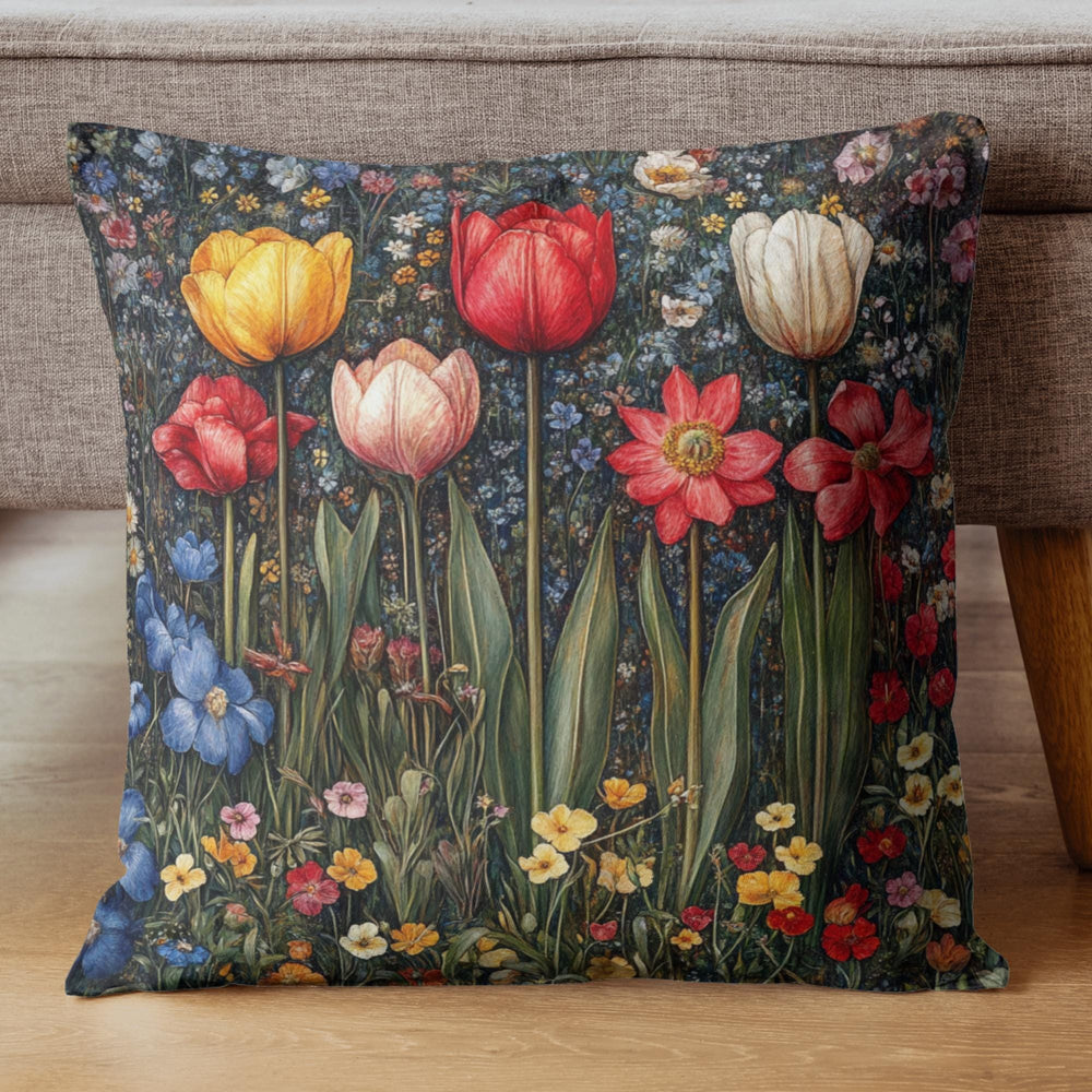 Colorful Spring Tulip Throw Pillow, Vintage Wildflower Garden Cushion, Bright Botanical Decor, Floral Meadow Accent Pillow
