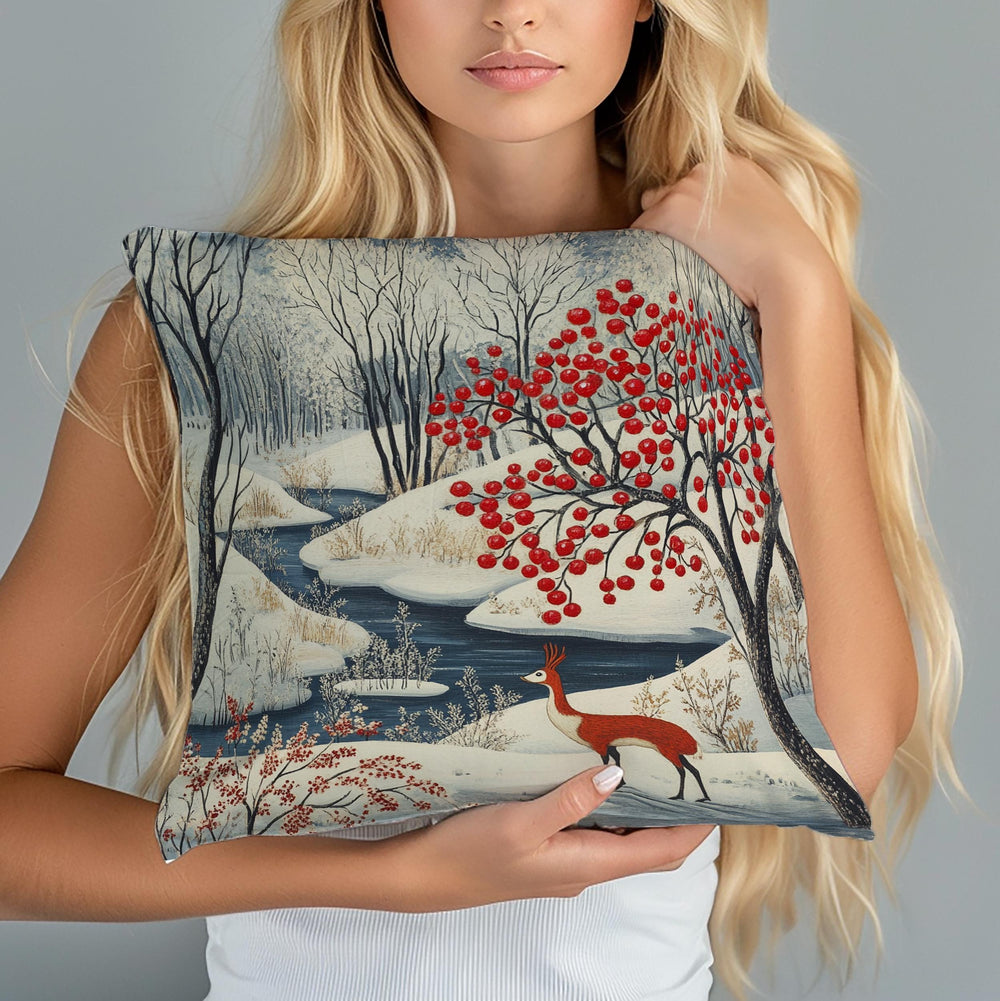 Winter Forest Deer Throw Pillow, Snowy Woodland Berry Tree Cushion, Folk Art Nature Decor, Cozy Nordic Accent Pillow