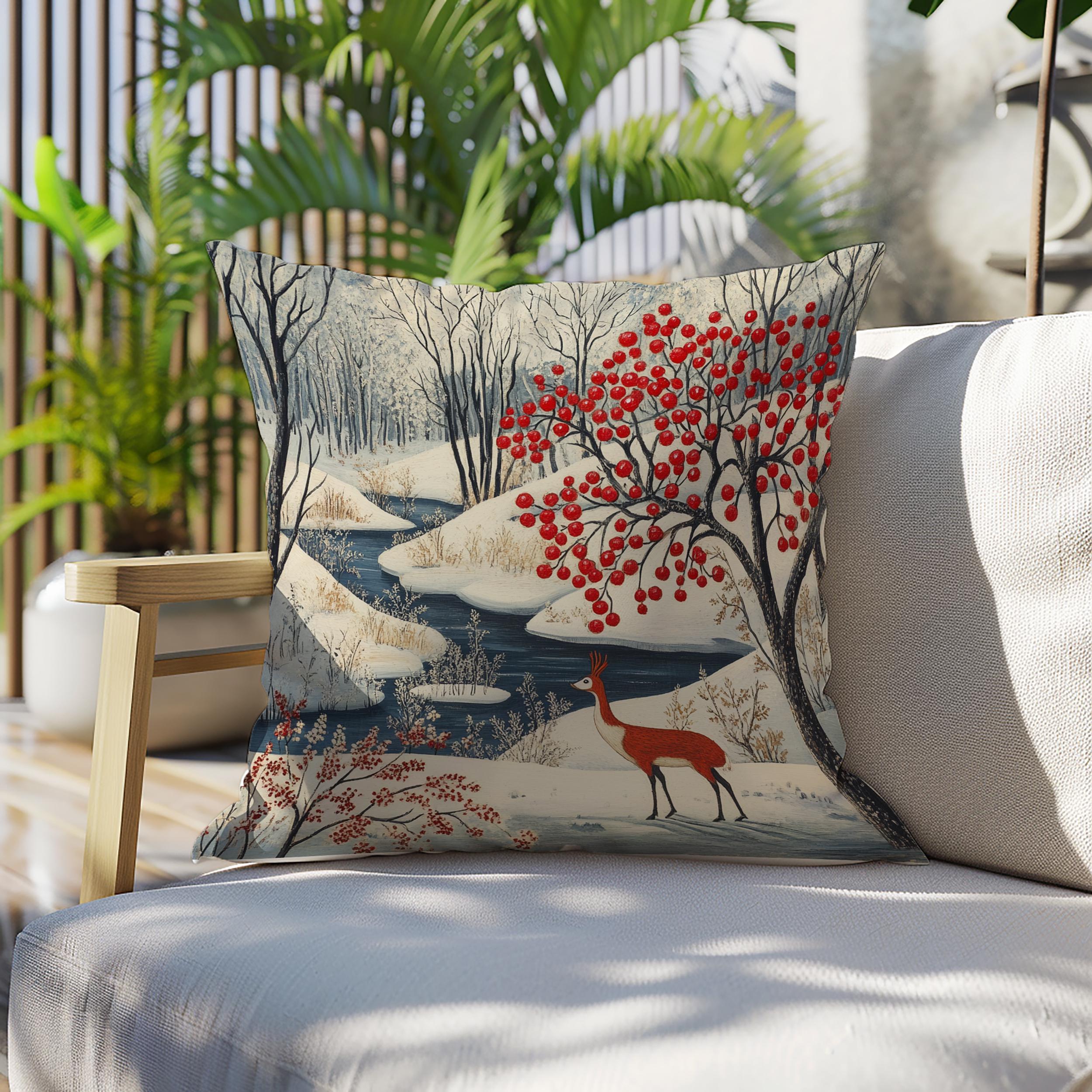 Winter Forest Deer Throw Pillow, Snowy Woodland Berry Tree Cushion, Folk Art Nature Decor, Cozy Nordic Accent Pillow