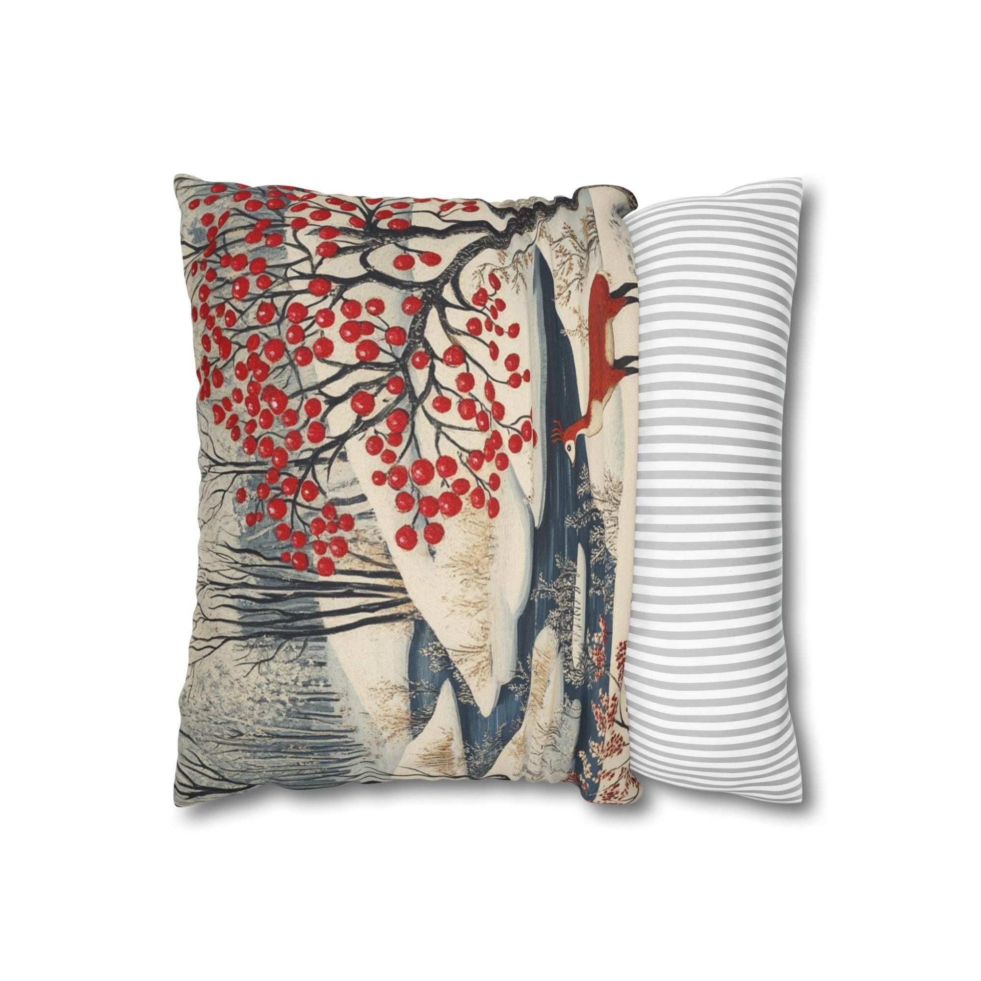 Winter Forest Deer Throw Pillow, Snowy Woodland Berry Tree Cushion, Folk Art Nature Decor, Cozy Nordic Accent Pillow