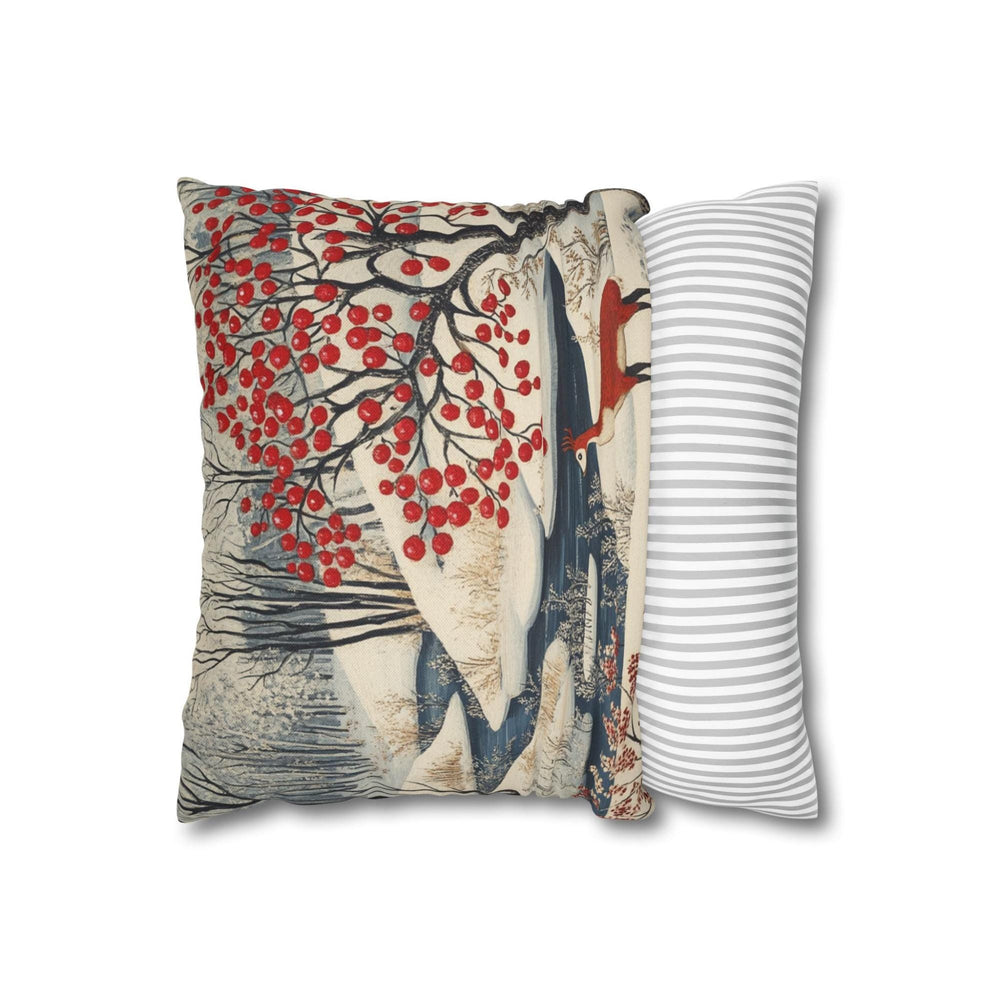 Winter Forest Deer Throw Pillow, Snowy Woodland Berry Tree Cushion, Folk Art Nature Decor, Cozy Nordic Accent Pillow