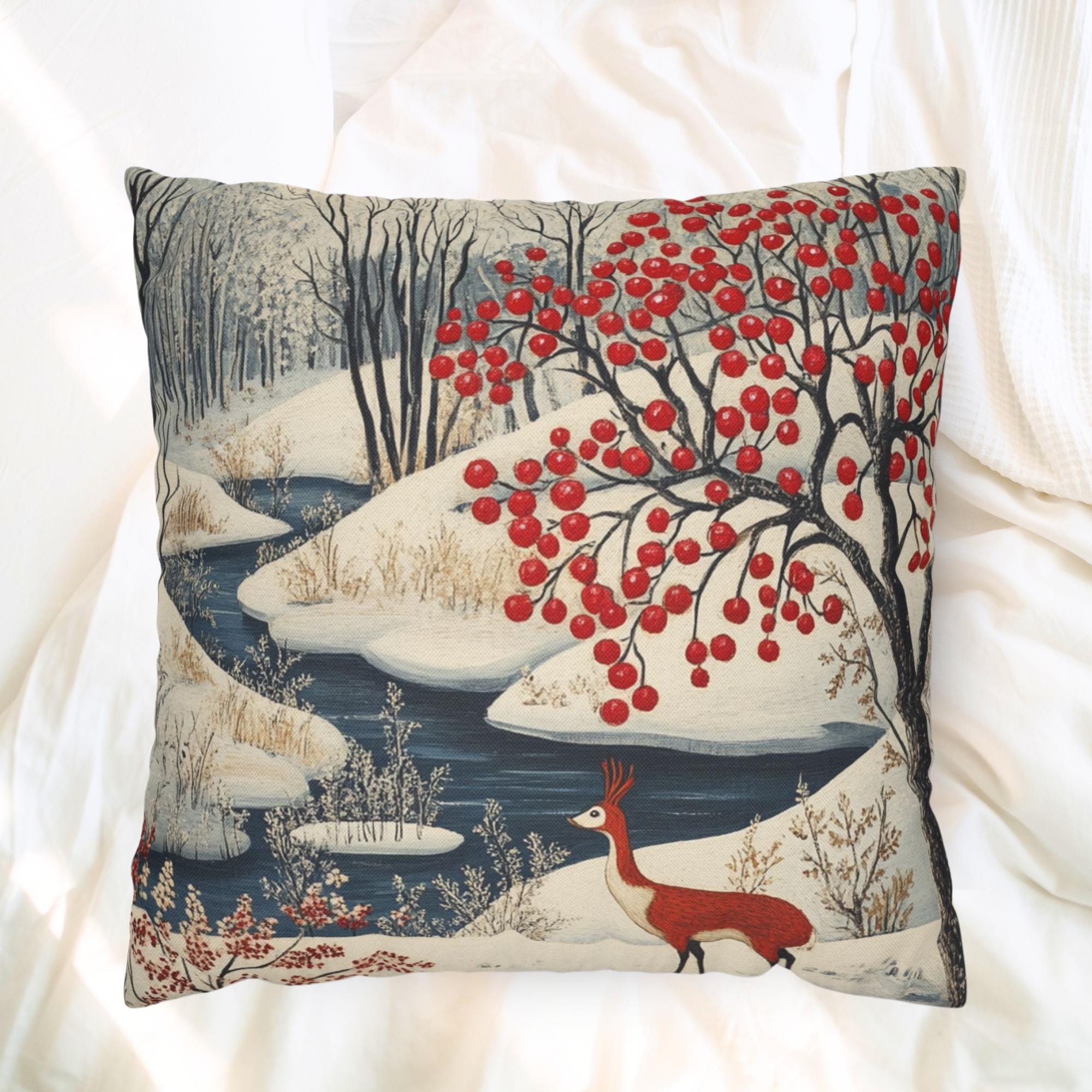 Winter Forest Deer Throw Pillow, Snowy Woodland Berry Tree Cushion, Folk Art Nature Decor, Cozy Nordic Accent Pillow