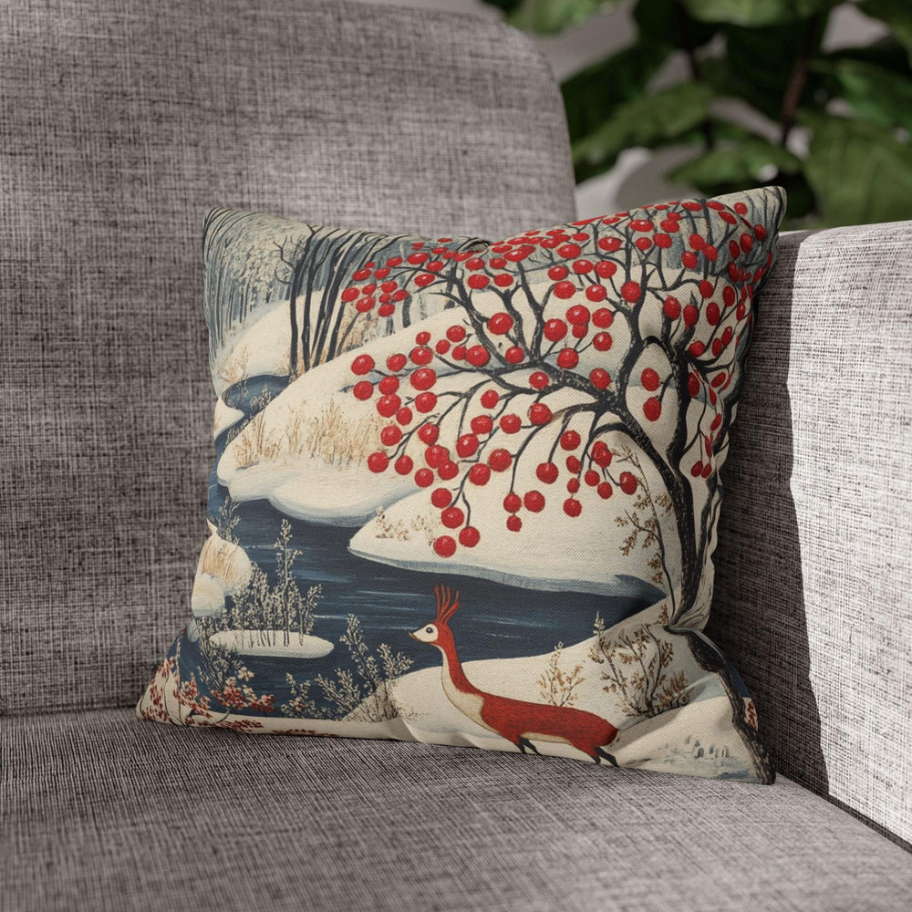 Winter Forest Deer Throw Pillow, Snowy Woodland Berry Tree Cushion, Folk Art Nature Decor, Cozy Nordic Accent Pillow