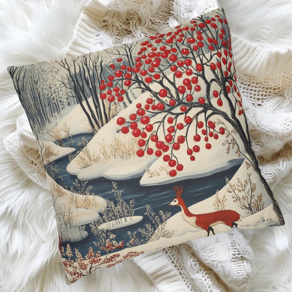 Winter Forest Deer Throw Pillow, Snowy Woodland Berry Tree Cushion, Folk Art Nature Decor, Cozy Nordic Accent Pillow
