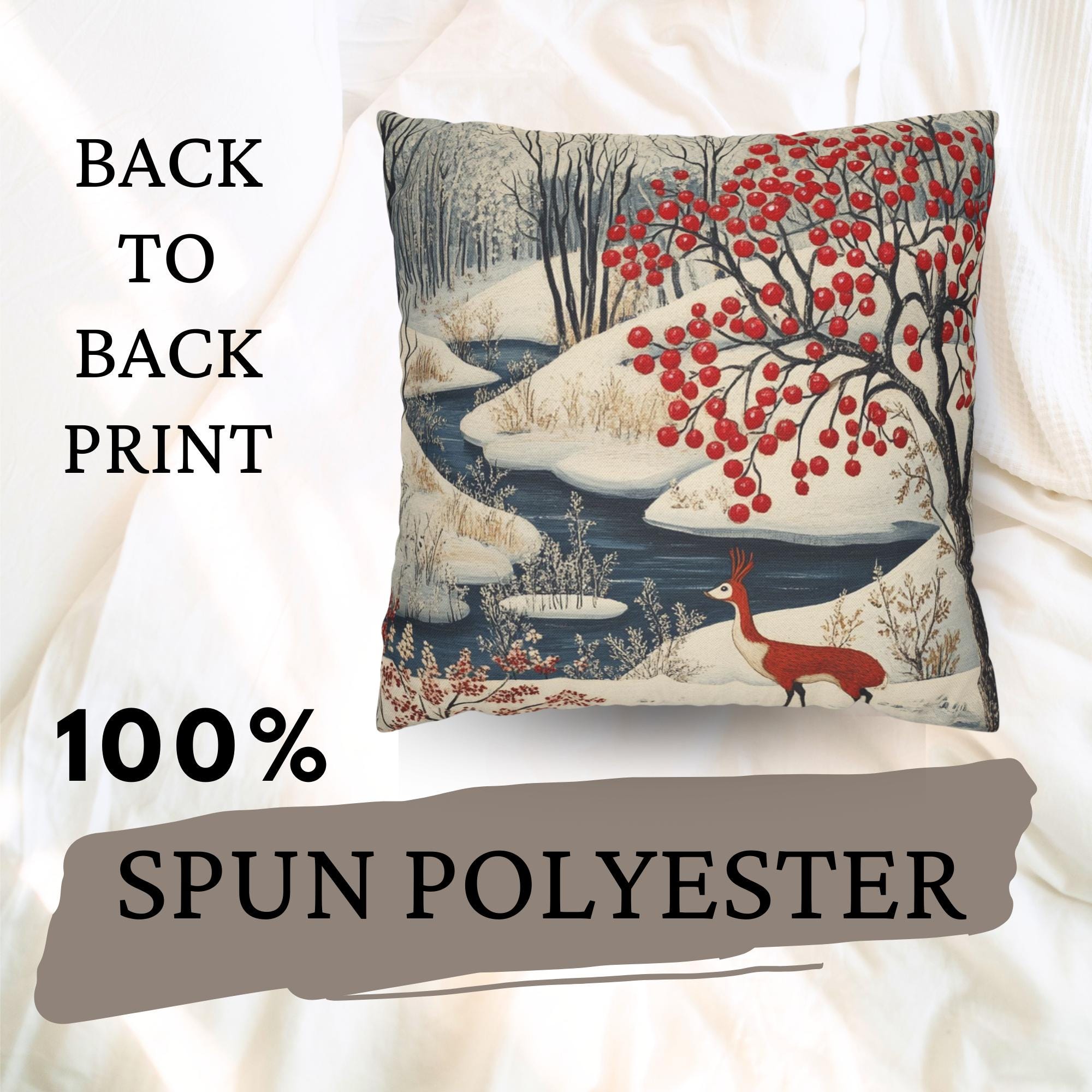 Winter Forest Deer Throw Pillow, Snowy Woodland Berry Tree Cushion, Folk Art Nature Decor, Cozy Nordic Accent Pillow