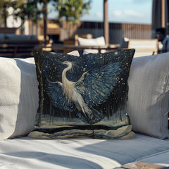 Winter Heron Moonlight Throw Pillow, Snowy Night Bird Cushion, Blue Woodland Wildlife Decor, Enchanted Forest Accent Pillow
