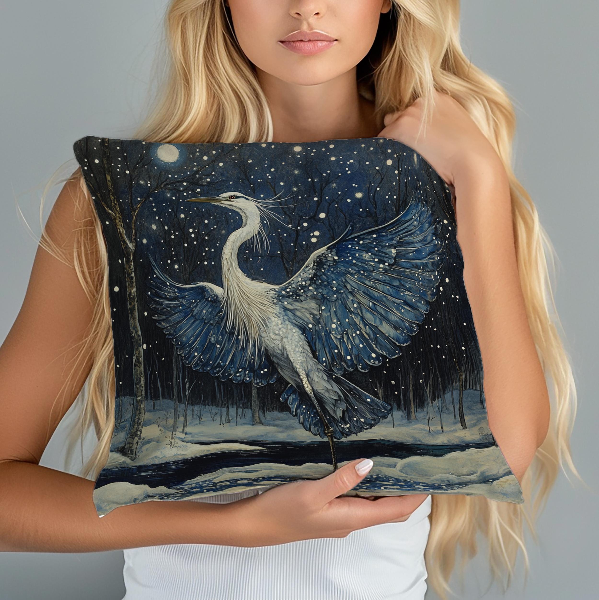 Winter Heron Moonlight Throw Pillow, Snowy Night Bird Cushion, Blue Woodland Wildlife Decor, Enchanted Forest Accent Pillow