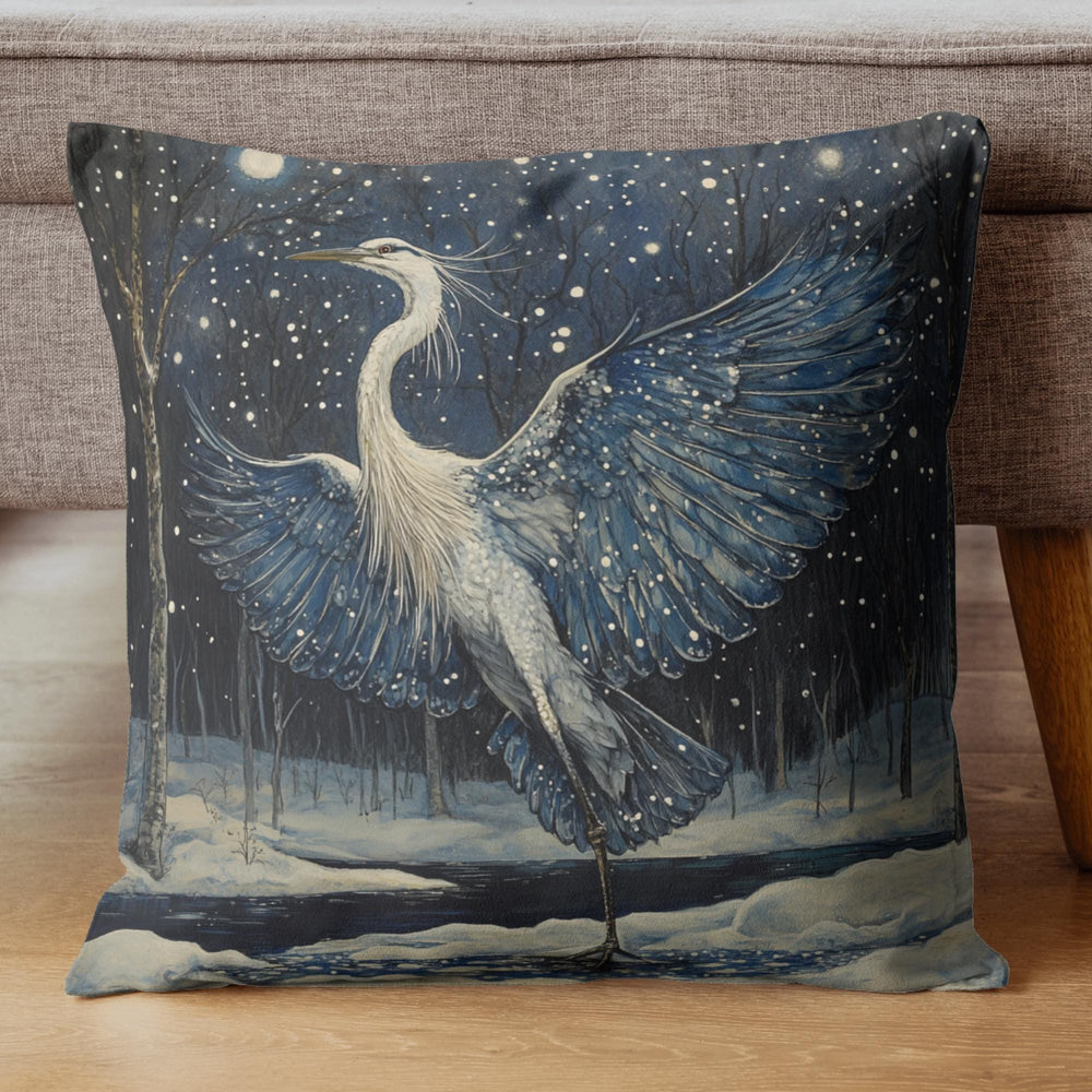 Winter Heron Moonlight Throw Pillow, Snowy Night Bird Cushion, Blue Woodland Wildlife Decor, Enchanted Forest Accent Pillow