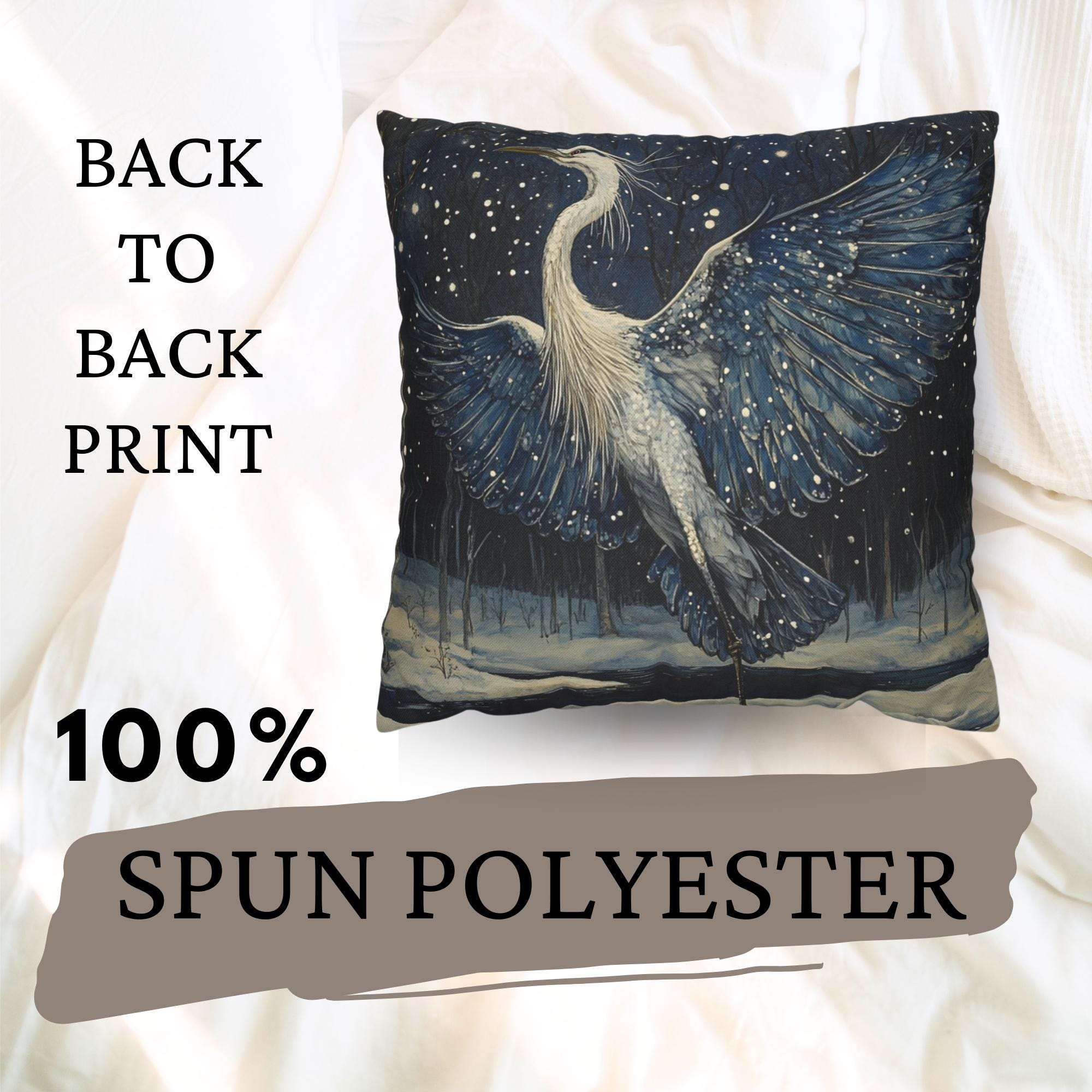 Winter Heron Moonlight Throw Pillow, Snowy Night Bird Cushion, Blue Woodland Wildlife Decor, Enchanted Forest Accent Pillow