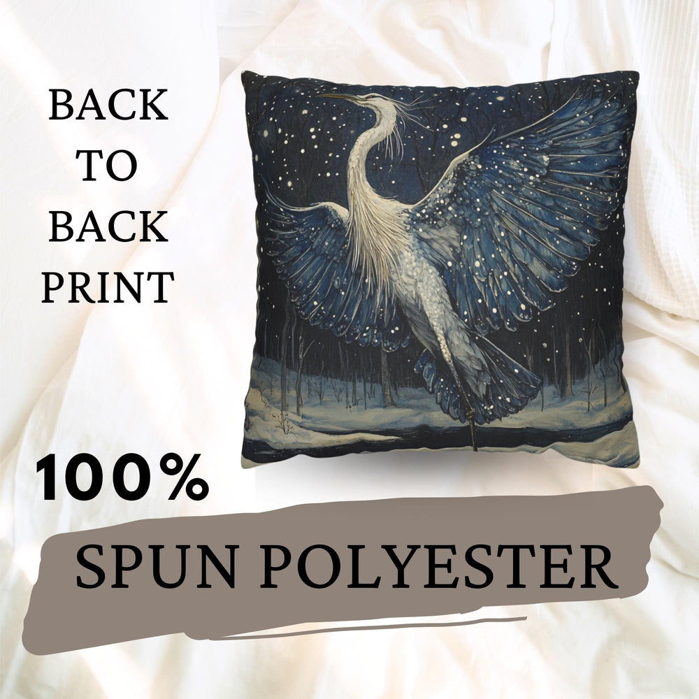 Winter Heron Moonlight Throw Pillow, Snowy Night Bird Cushion, Blue Woodland Wildlife Decor, Enchanted Forest Accent Pillow