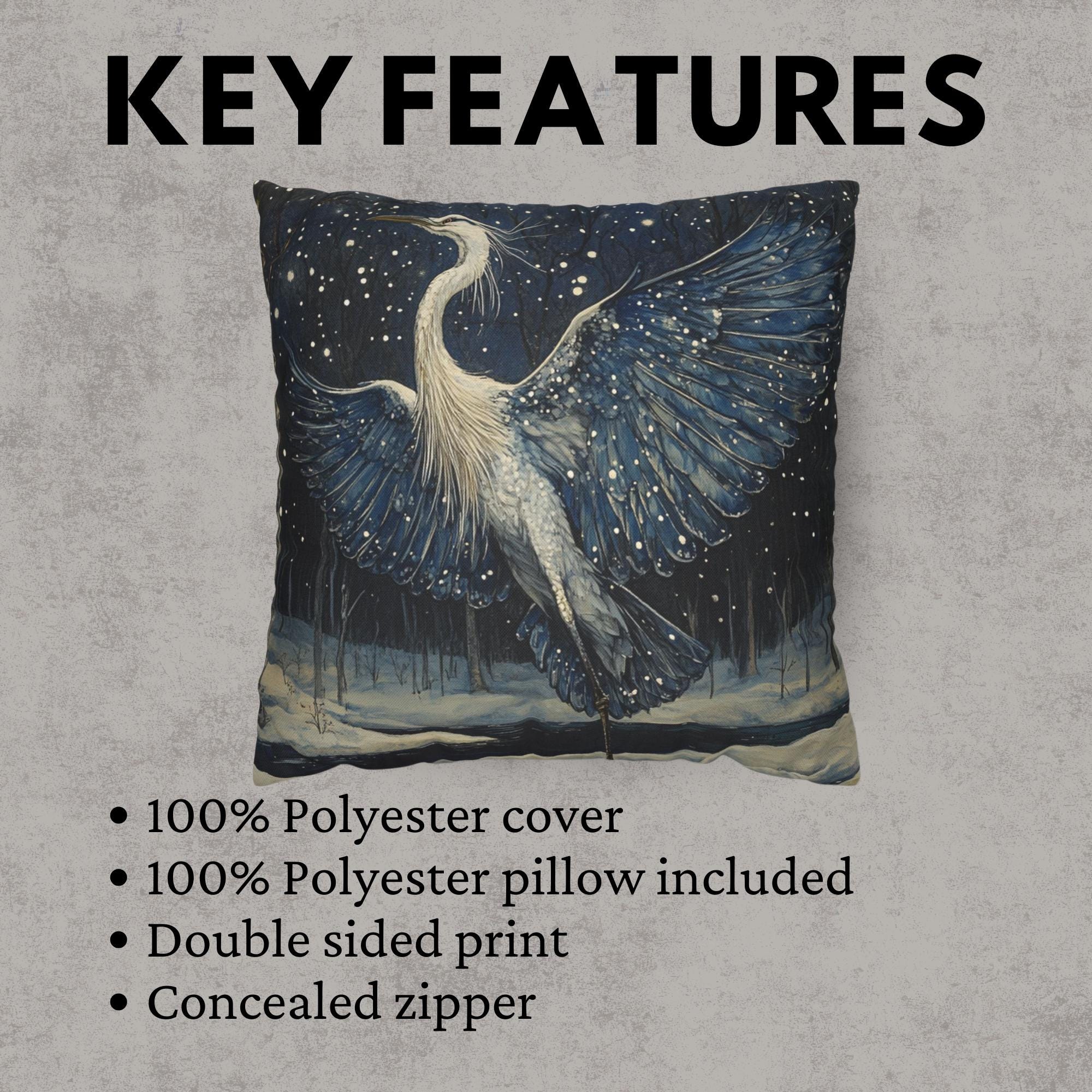 Winter Heron Moonlight Throw Pillow, Snowy Night Bird Cushion, Blue Woodland Wildlife Decor, Enchanted Forest Accent Pillow