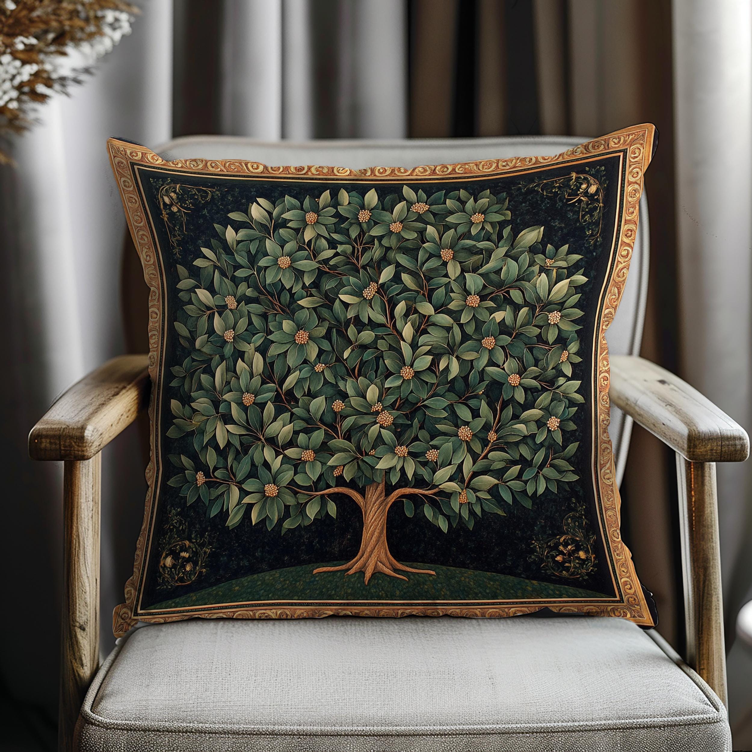 Ornamental Botanical Tree Throw Pillow, Vintage Garden Foliage Cushion, Classic Greenery Decor, Timeless Nature Accent Pillow