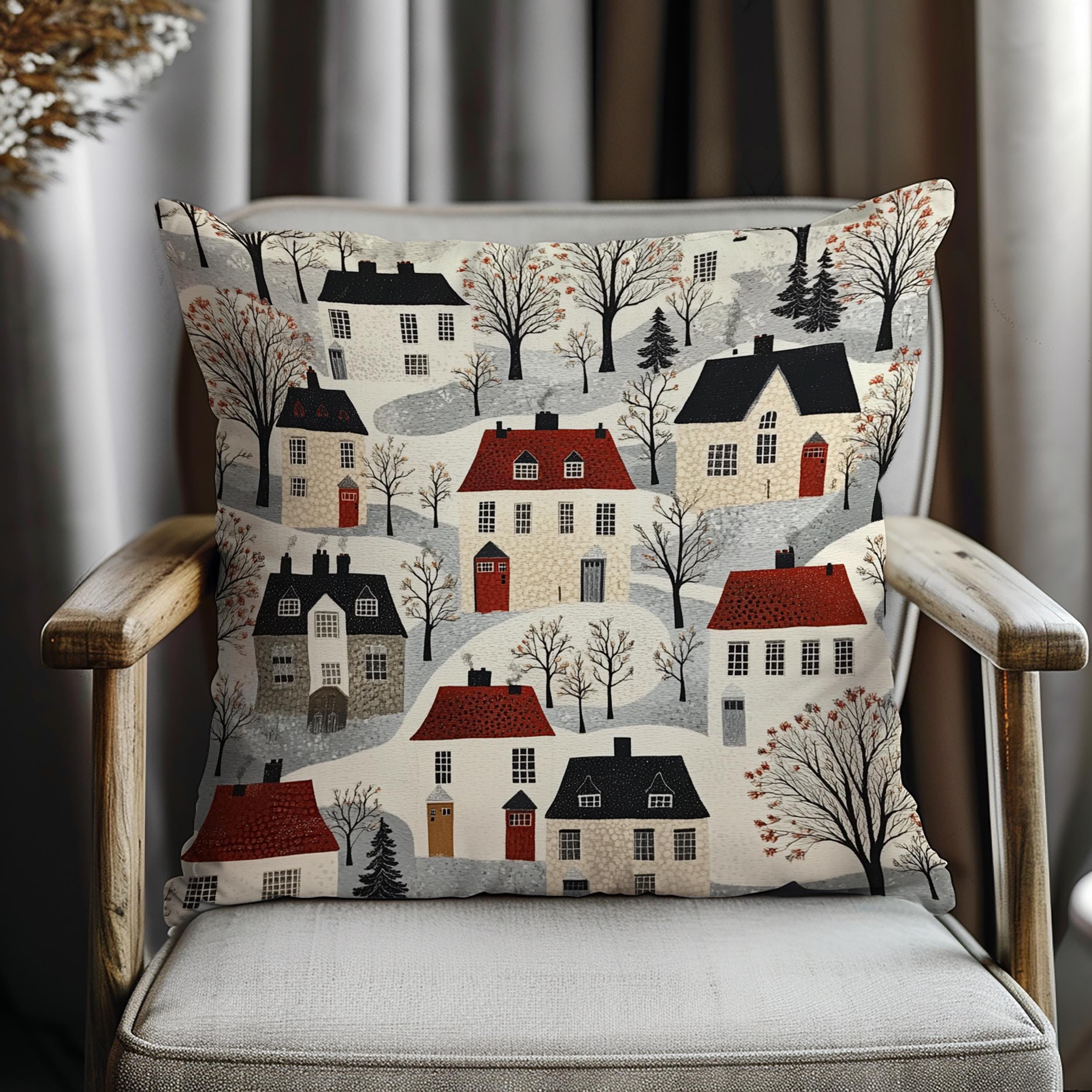 Whimsical Winter Village Throw Pillow, Cozy Snowy Cottage Pattern Cushion, Storybook Homes Winter Decor, Charming Holiday Accent Pillow