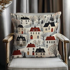 Whimsical Winter Village Throw Pillow, Cozy Snowy Cottage Pattern Cushion, Storybook Homes Winter Decor, Charming Holiday Accent Pillow