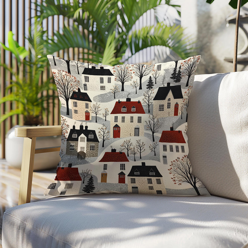 Whimsical Winter Village Throw Pillow, Cozy Snowy Cottage Pattern Cushion, Storybook Homes Winter Decor, Charming Holiday Accent Pillow