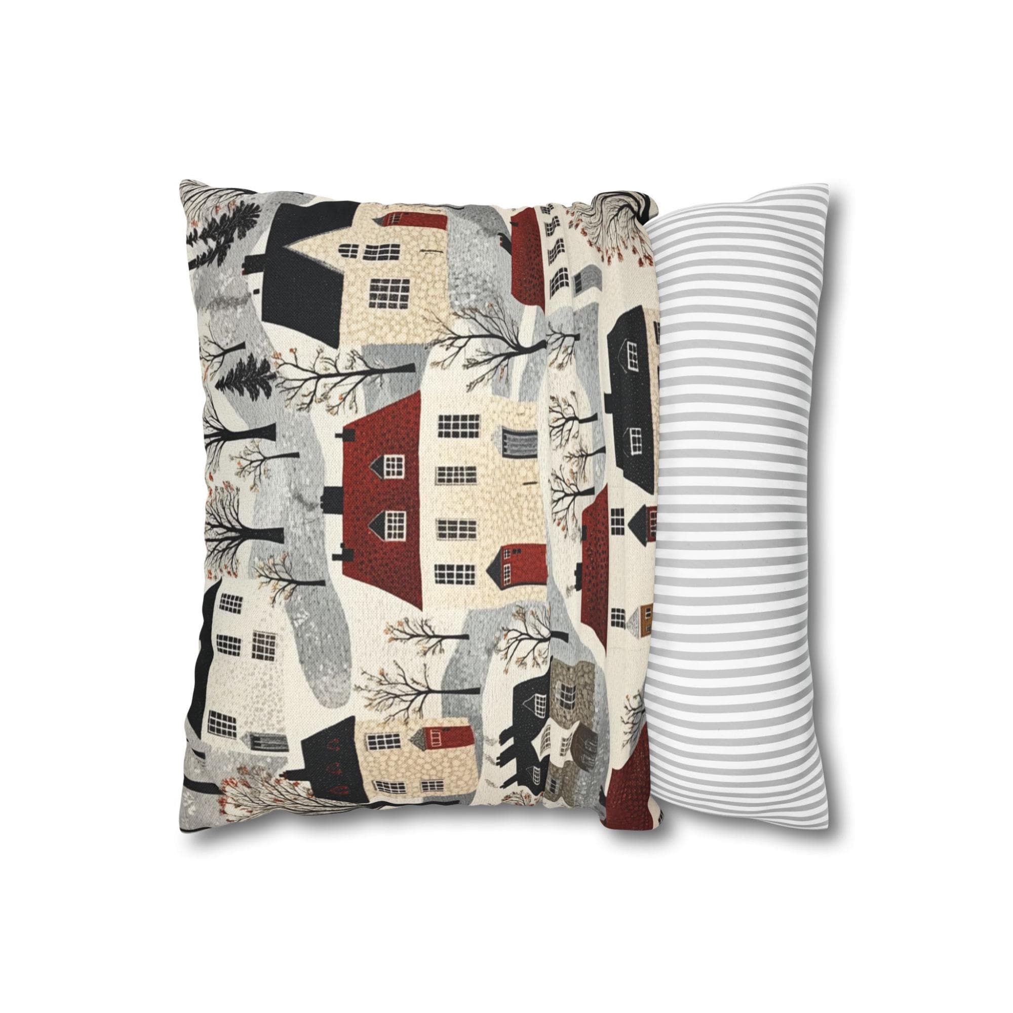 Whimsical Winter Village Throw Pillow, Cozy Snowy Cottage Pattern Cushion, Storybook Homes Winter Decor, Charming Holiday Accent Pillow