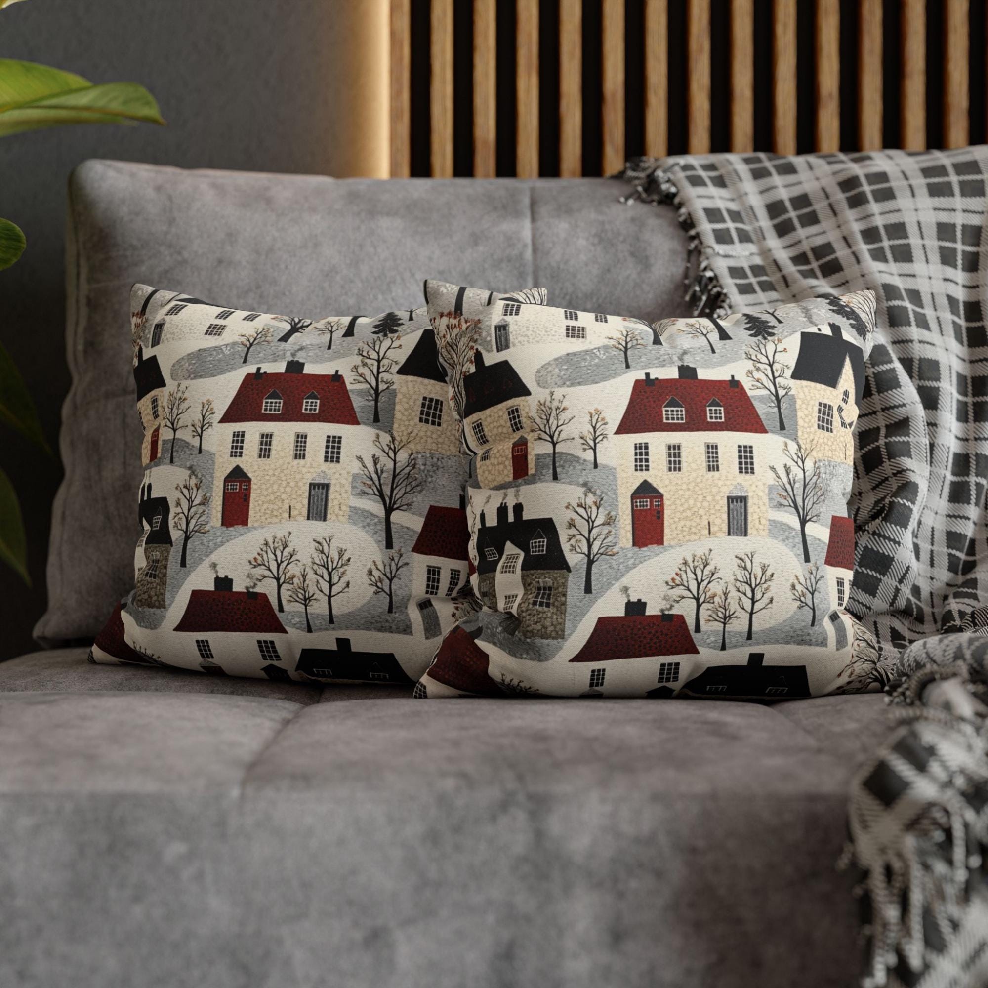 Whimsical Winter Village Throw Pillow, Cozy Snowy Cottage Pattern Cushion, Storybook Homes Winter Decor, Charming Holiday Accent Pillow