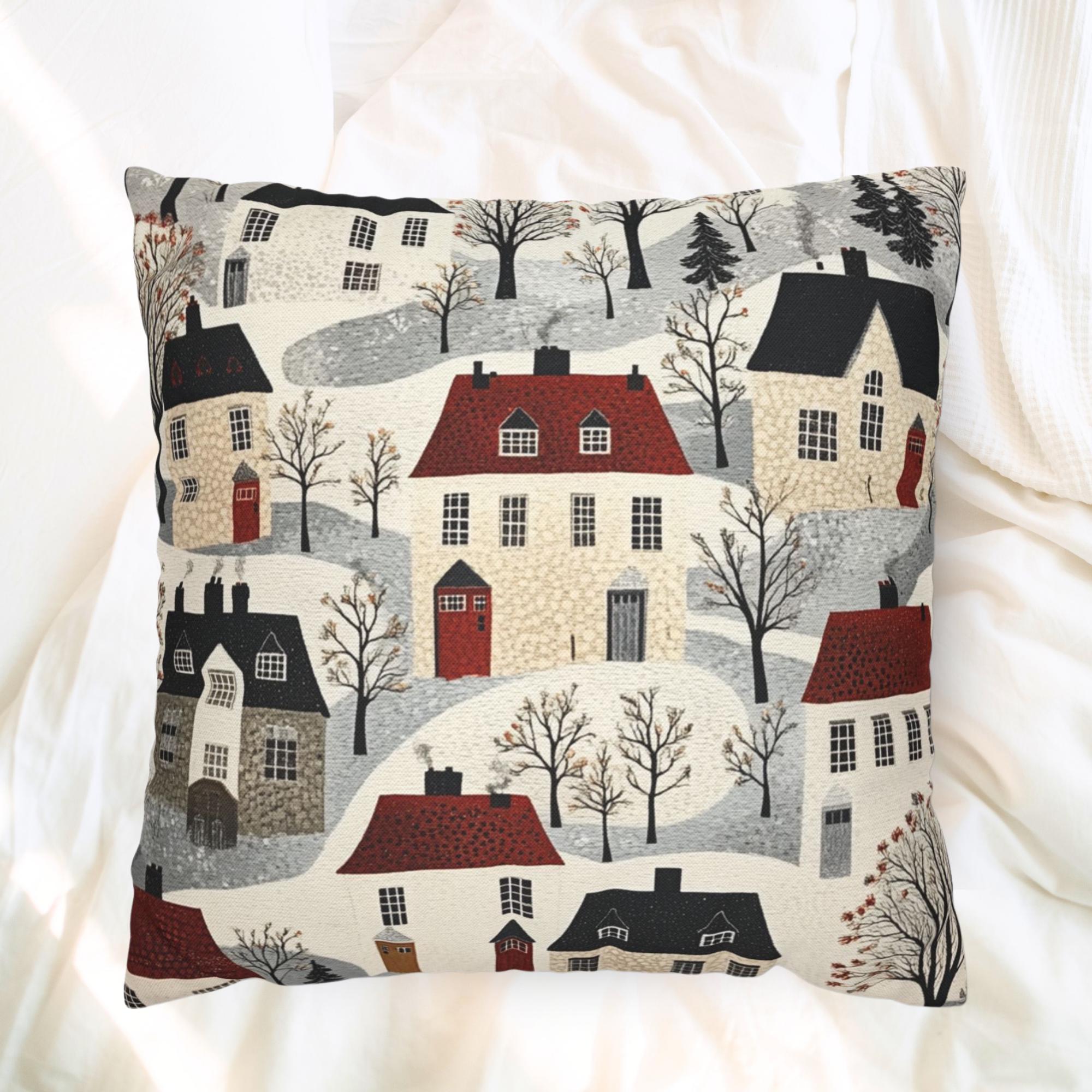 Whimsical Winter Village Throw Pillow, Cozy Snowy Cottage Pattern Cushion, Storybook Homes Winter Decor, Charming Holiday Accent Pillow