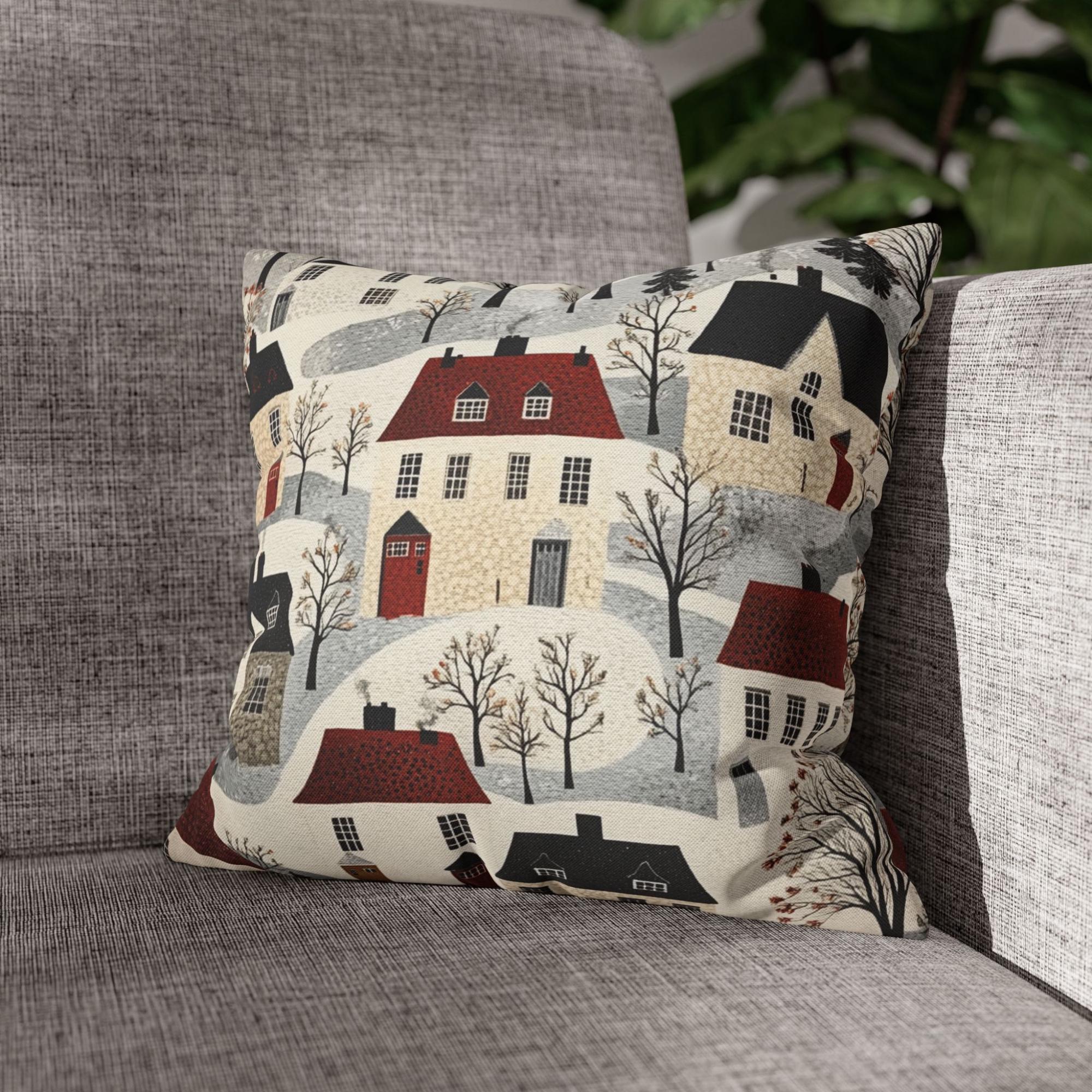 Whimsical Winter Village Throw Pillow, Cozy Snowy Cottage Pattern Cushion, Storybook Homes Winter Decor, Charming Holiday Accent Pillow