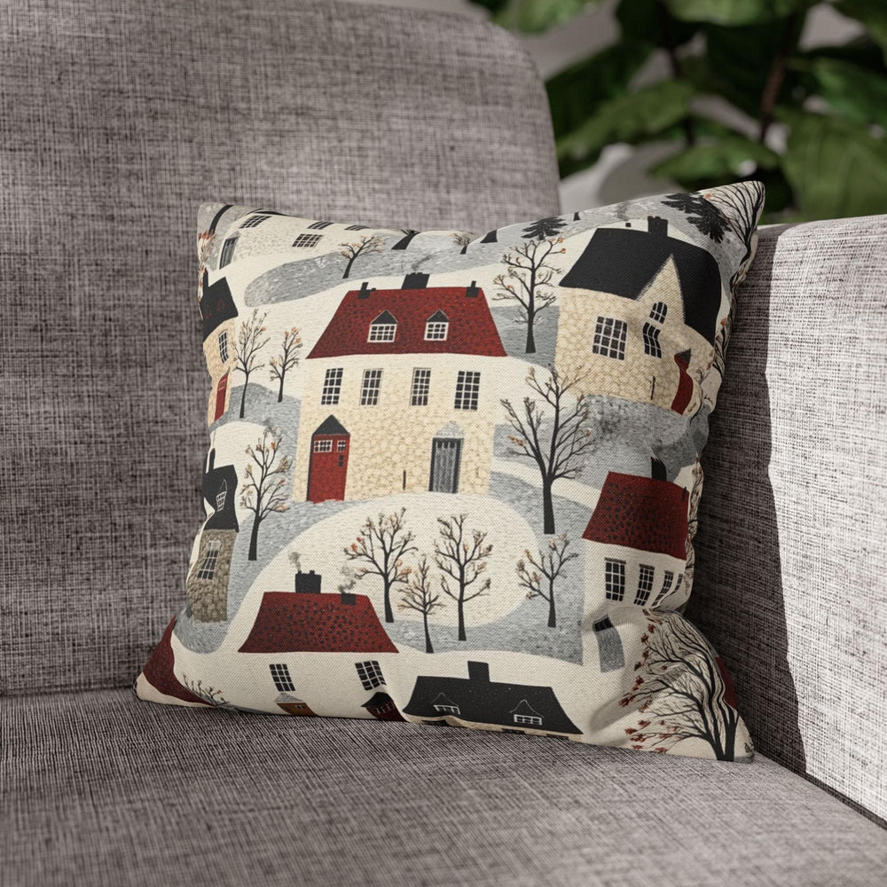 Whimsical Winter Village Throw Pillow, Cozy Snowy Cottage Pattern Cushion, Storybook Homes Winter Decor, Charming Holiday Accent Pillow