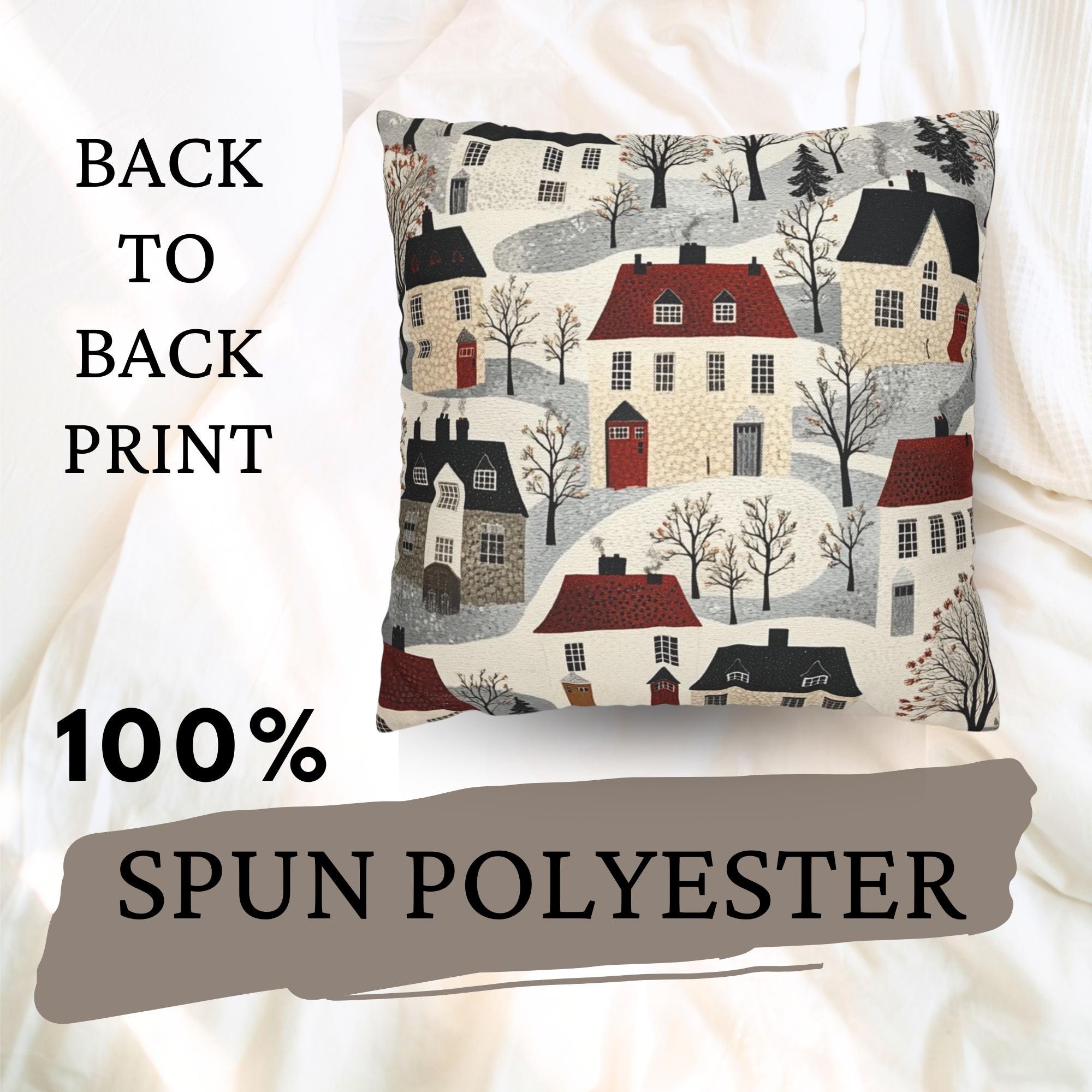Whimsical Winter Village Throw Pillow, Cozy Snowy Cottage Pattern Cushion, Storybook Homes Winter Decor, Charming Holiday Accent Pillow
