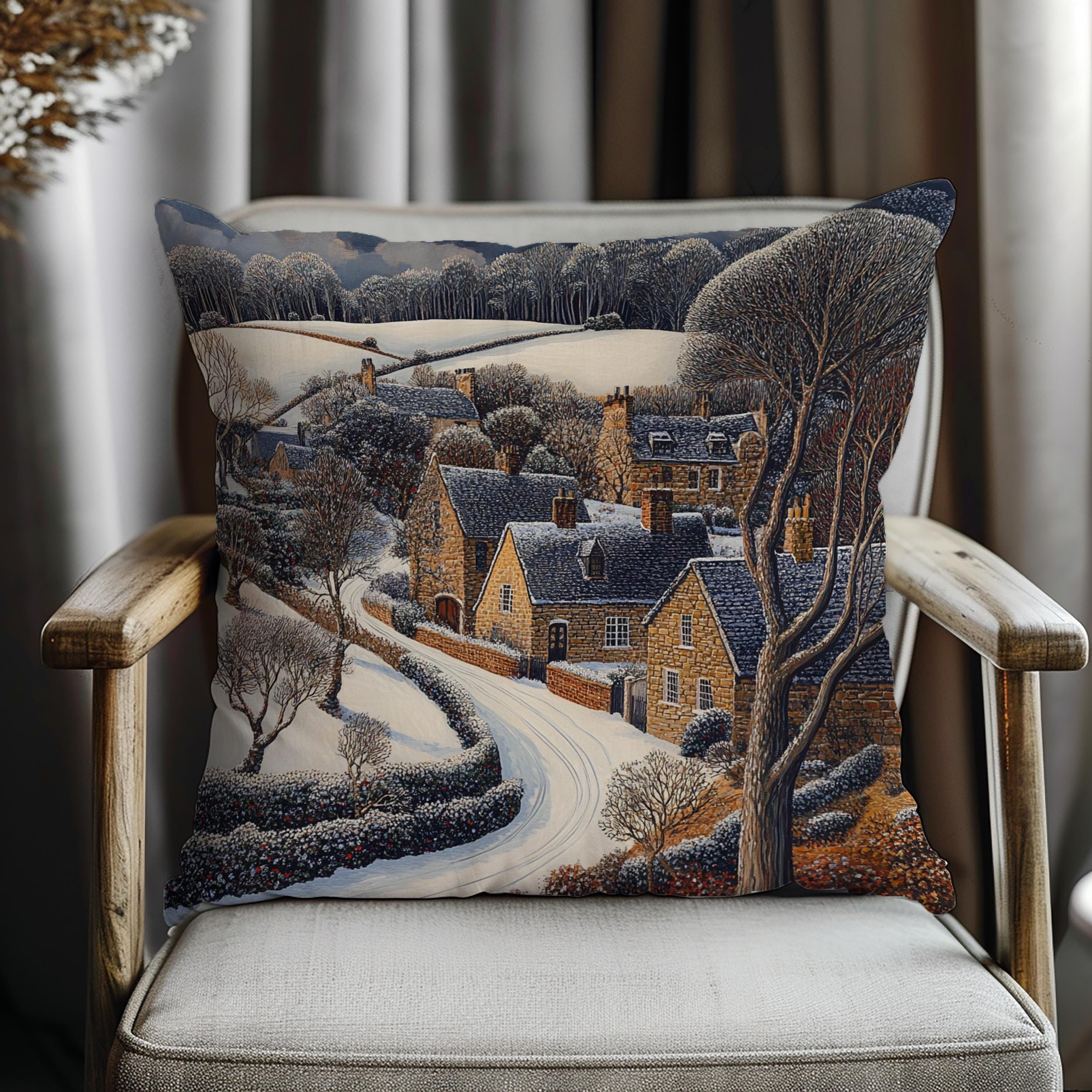 Snowy Stone Cottage Village Throw Pillow, Cozy Winter Countryside Cushion, Rustic Hillside Homes Pattern, Storybook Winter Accent Pillow