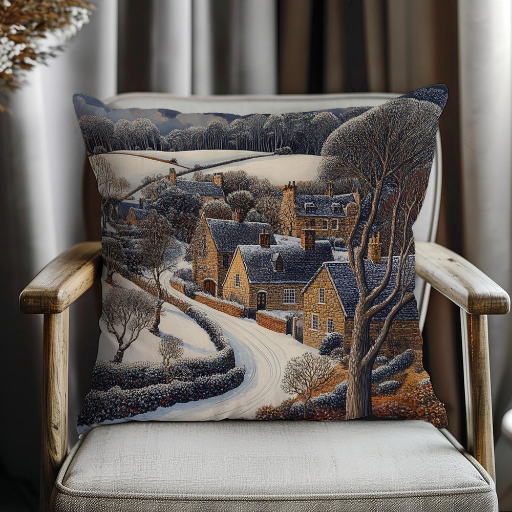 Snowy Stone Cottage Village Throw Pillow, Cozy Winter Countryside Cushion, Rustic Hillside Homes Pattern, Storybook Winter Accent Pillow
