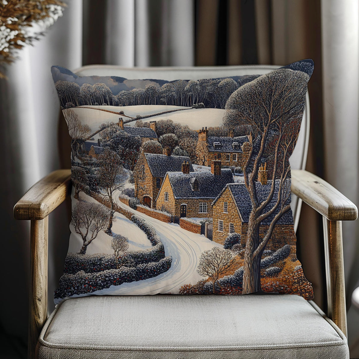 Snowy Stone Cottage Village Throw Pillow, Cozy Winter Countryside Cushion, Rustic Hillside Homes Pattern, Storybook Winter Accent Pillow
