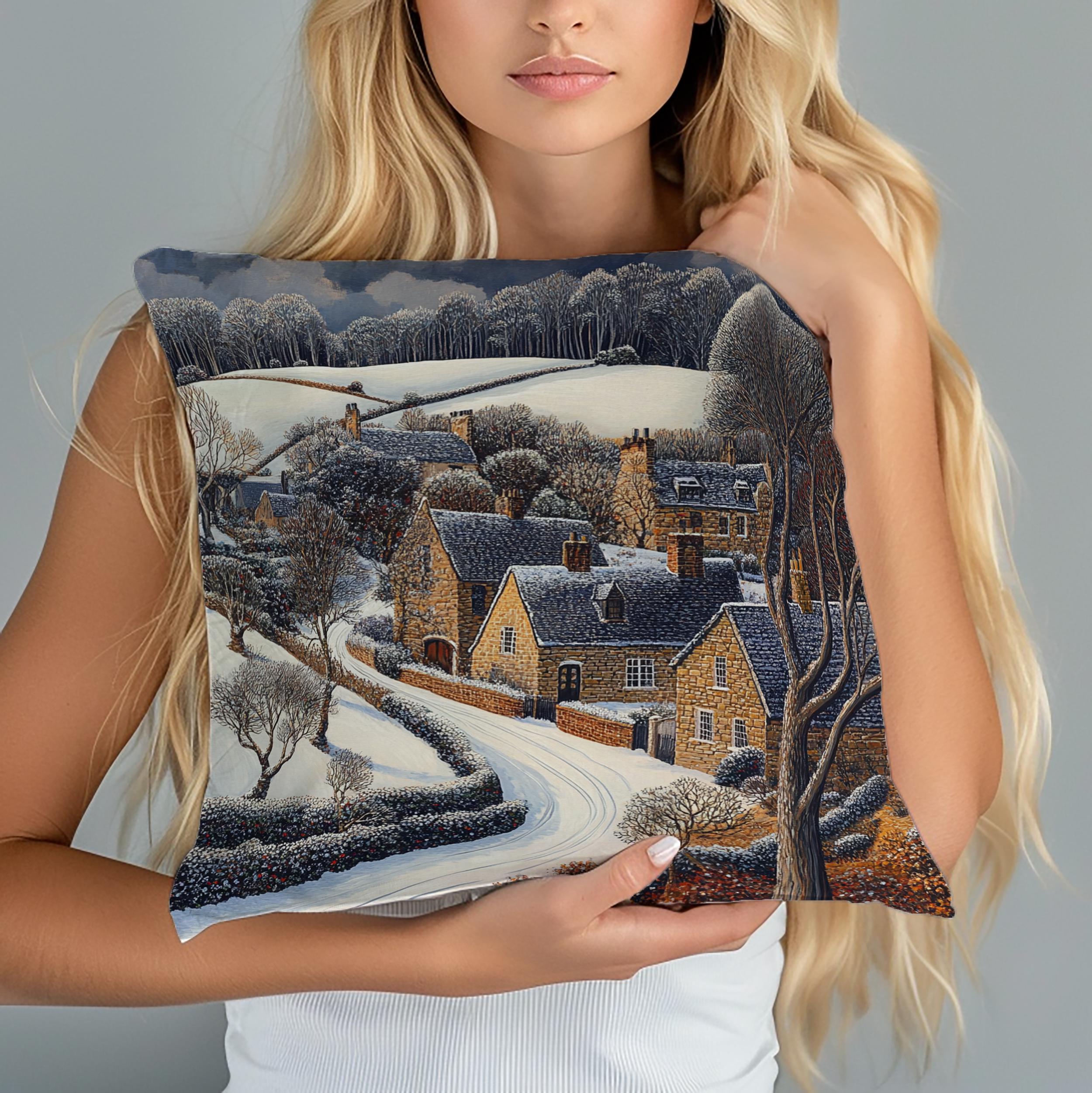 Snowy Stone Cottage Village Throw Pillow, Cozy Winter Countryside Cushion, Rustic Hillside Homes Pattern, Storybook Winter Accent Pillow