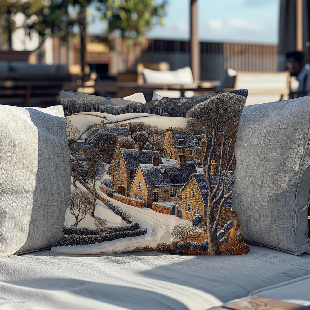 Snowy Stone Cottage Village Throw Pillow, Cozy Winter Countryside Cushion, Rustic Hillside Homes Pattern, Storybook Winter Accent Pillow