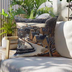 Snowy Stone Cottage Village Throw Pillow, Cozy Winter Countryside Cushion, Rustic Hillside Homes Pattern, Storybook Winter Accent Pillow