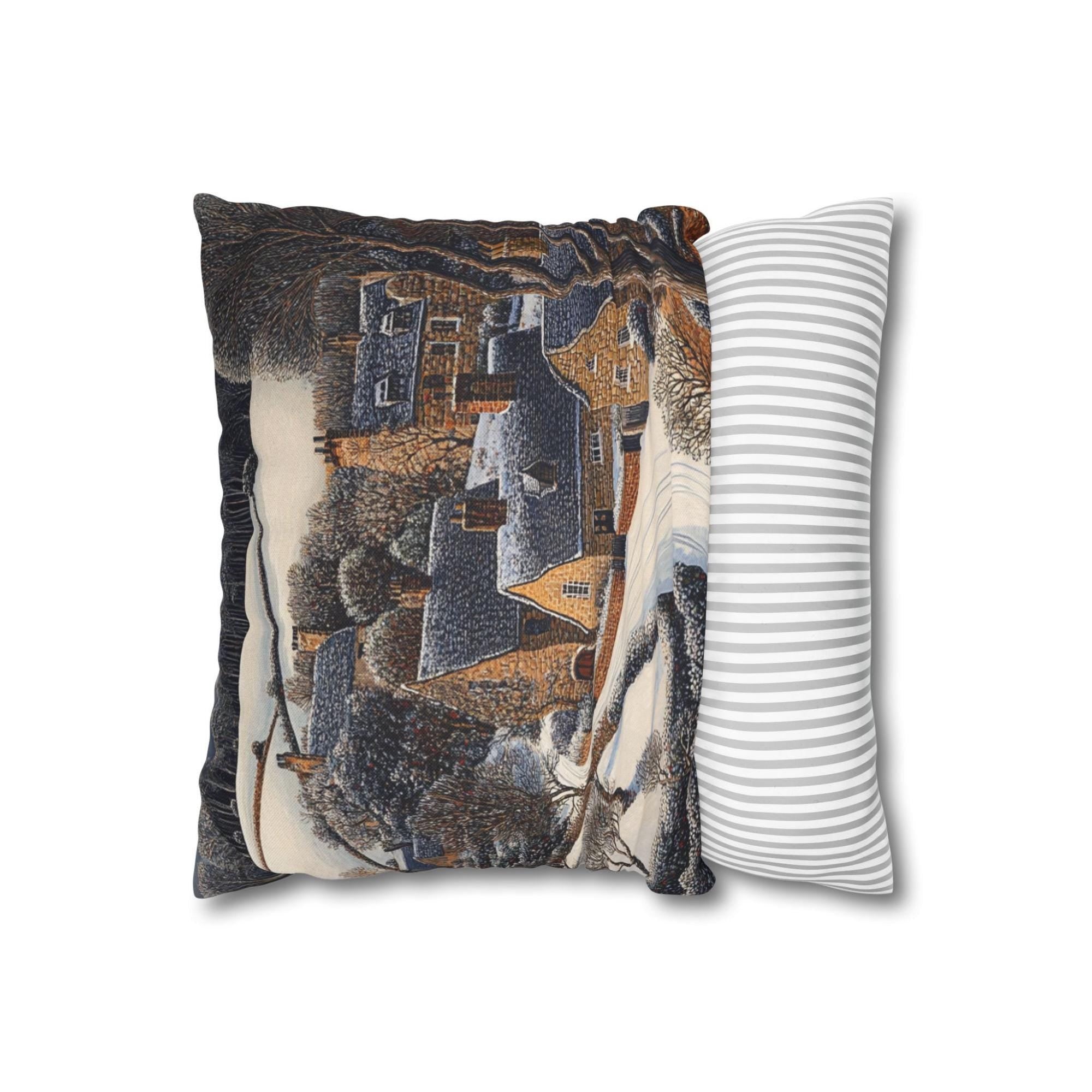 Snowy Stone Cottage Village Throw Pillow, Cozy Winter Countryside Cushion, Rustic Hillside Homes Pattern, Storybook Winter Accent Pillow