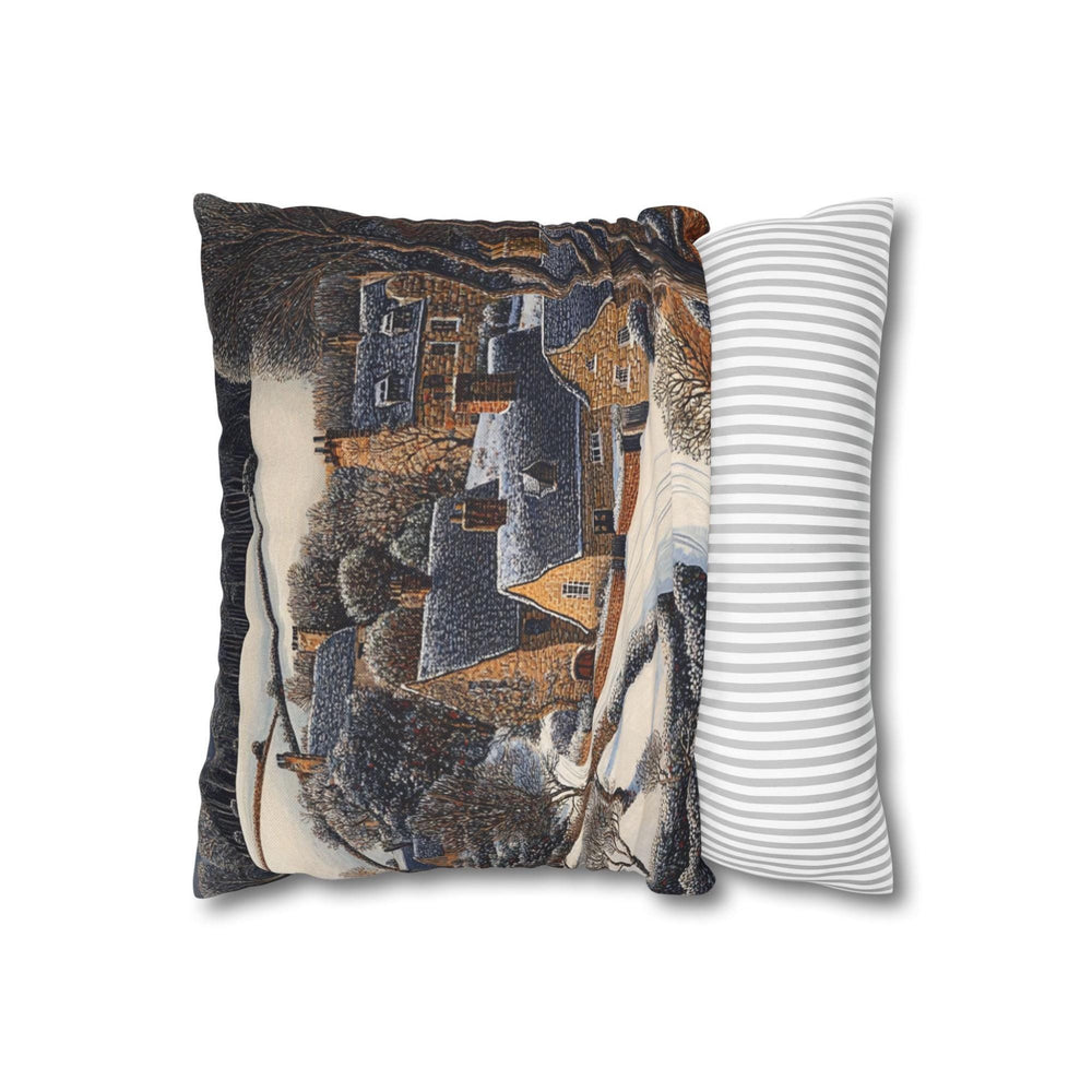Snowy Stone Cottage Village Throw Pillow, Cozy Winter Countryside Cushion, Rustic Hillside Homes Pattern, Storybook Winter Accent Pillow
