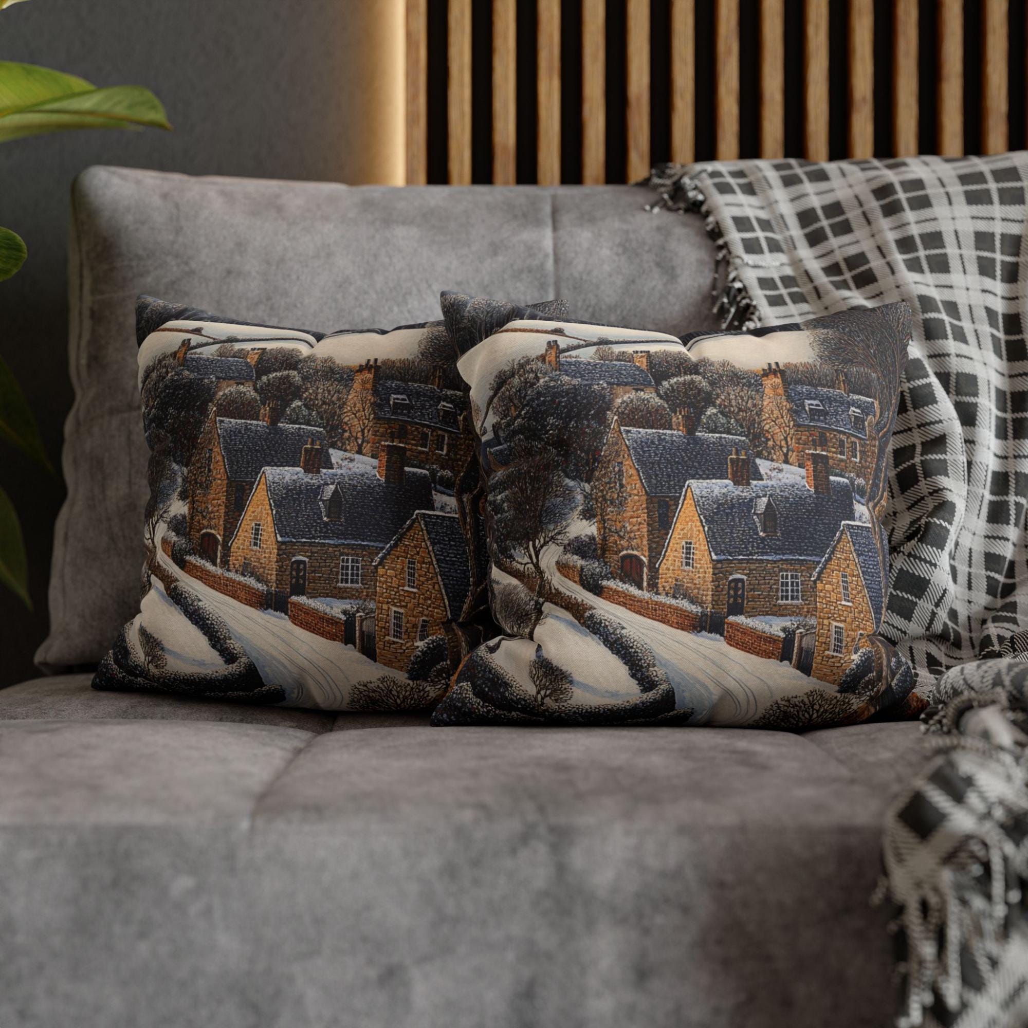 Snowy Stone Cottage Village Throw Pillow, Cozy Winter Countryside Cushion, Rustic Hillside Homes Pattern, Storybook Winter Accent Pillow