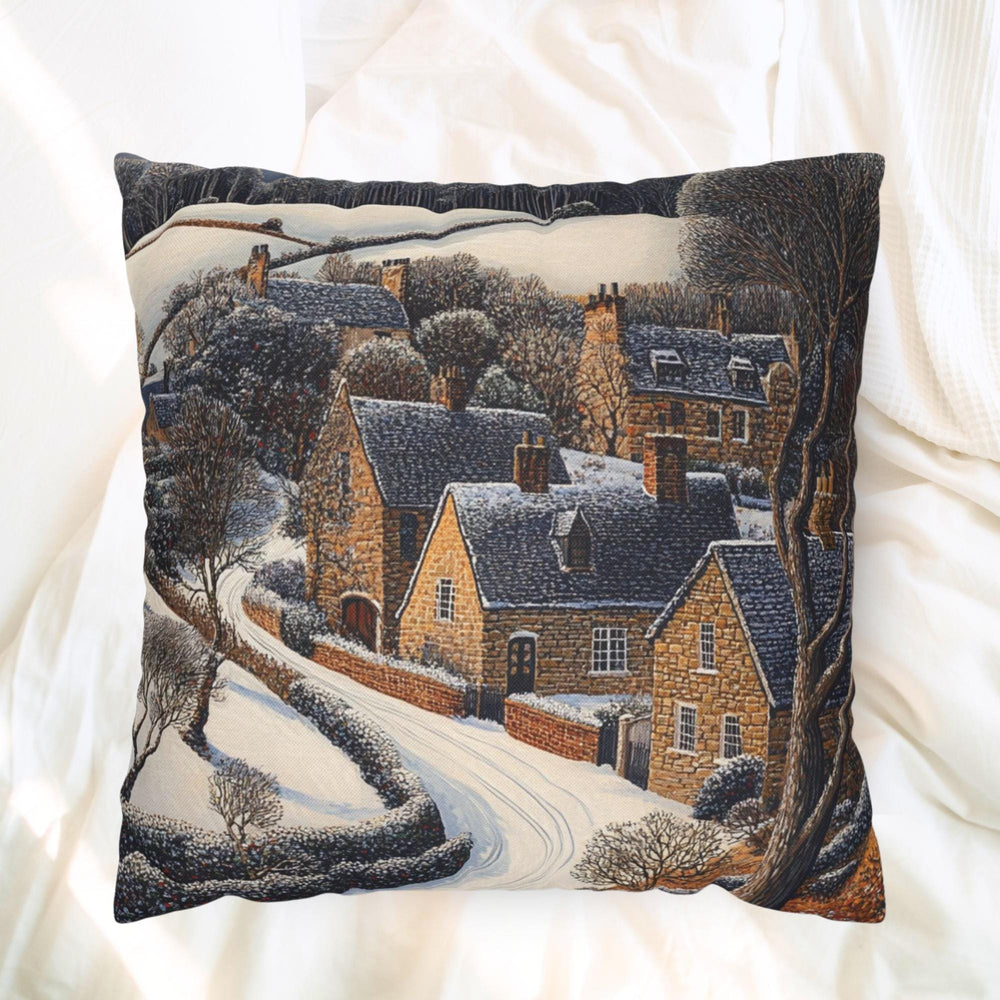 Snowy Stone Cottage Village Throw Pillow, Cozy Winter Countryside Cushion, Rustic Hillside Homes Pattern, Storybook Winter Accent Pillow