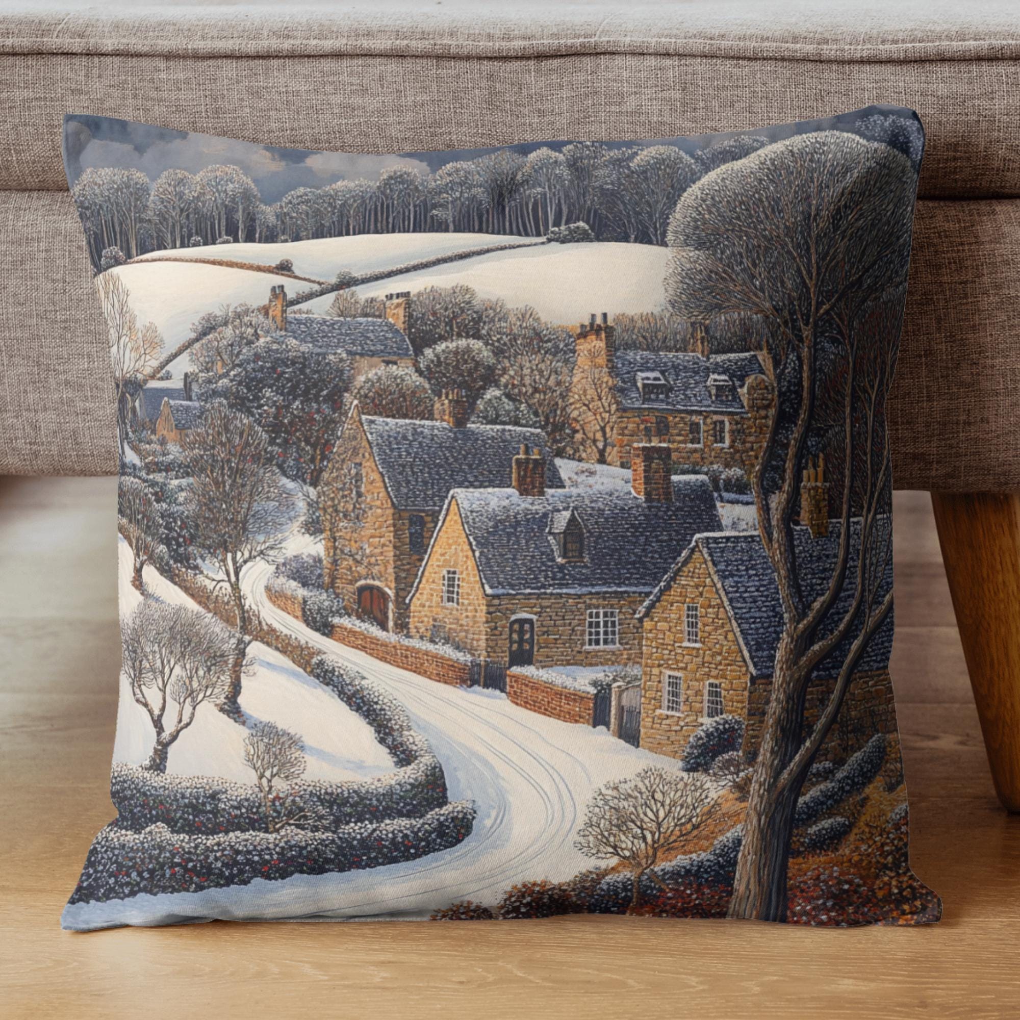 Snowy Stone Cottage Village Throw Pillow, Cozy Winter Countryside Cushion, Rustic Hillside Homes Pattern, Storybook Winter Accent Pillow